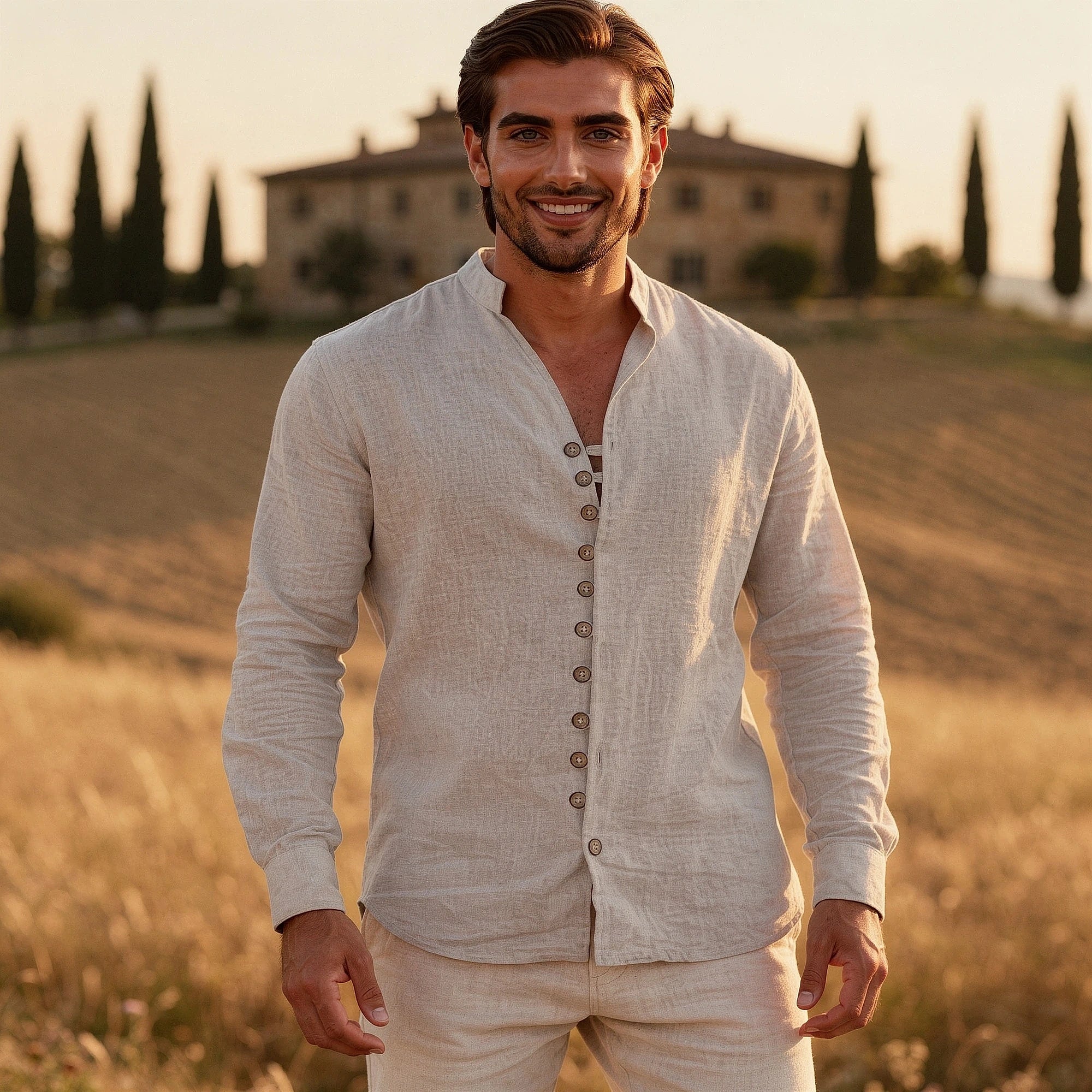 Lightweight cotton linen beach shirt in light blue, featuring a slim fit, long sleeves, and a stand collar, view