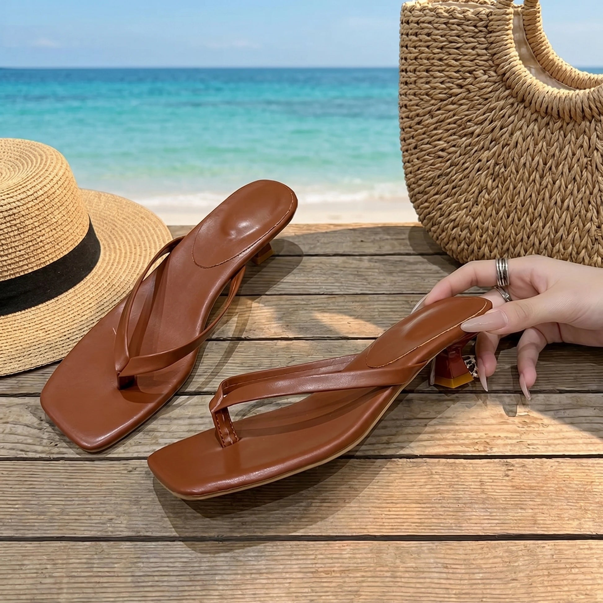 Close up view of the and comfortable fabric of women's summer slides, showing intricate stitching details against a soft, neutral background.