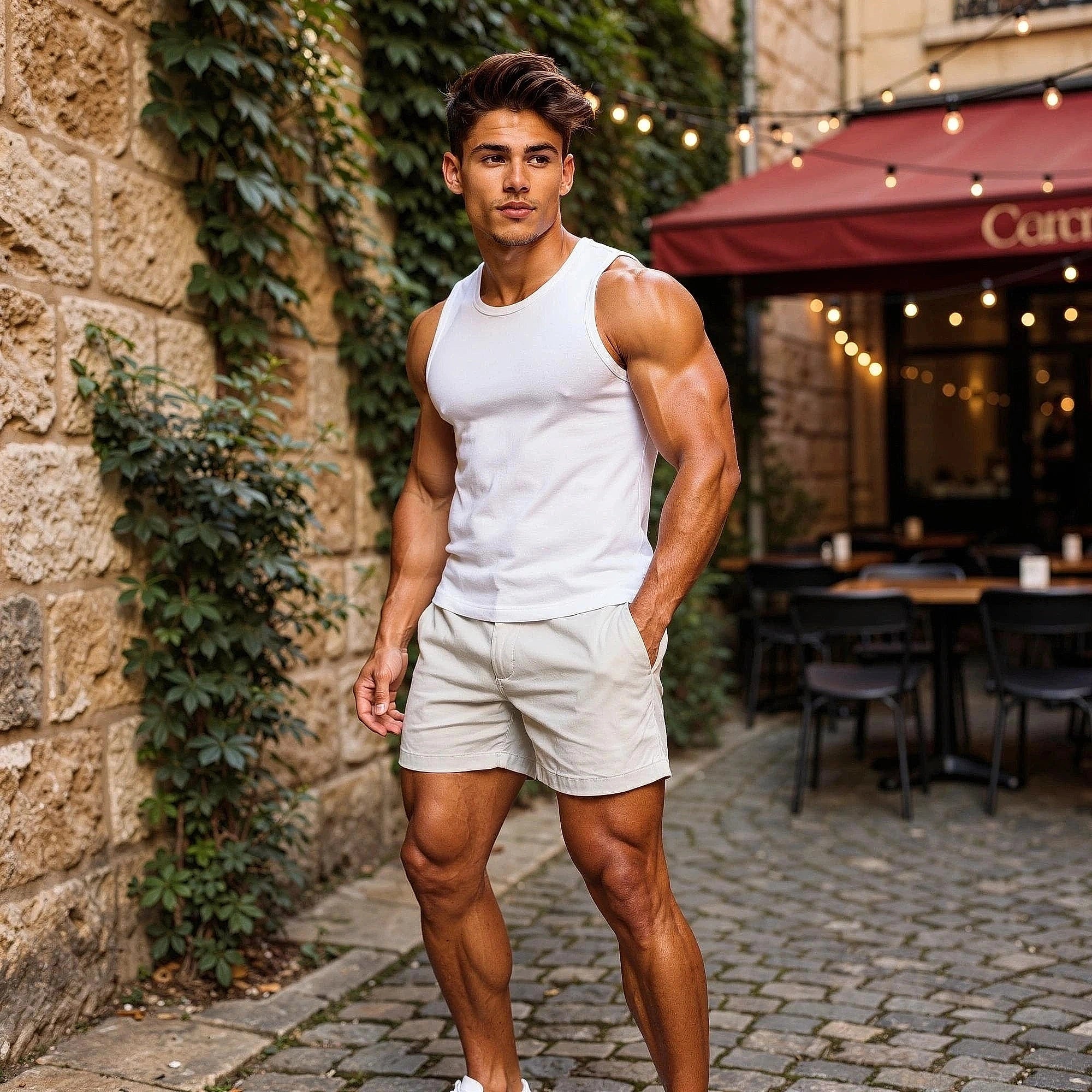 View of athletic fit stretch chino shorts in light beige, featuring a comfortable waistband and pockets
