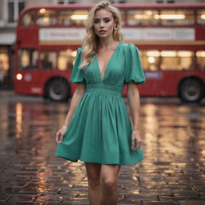 View of a flattering mini dress in soft fabric, featuring a vibrant floral pattern and a fitted silhouette