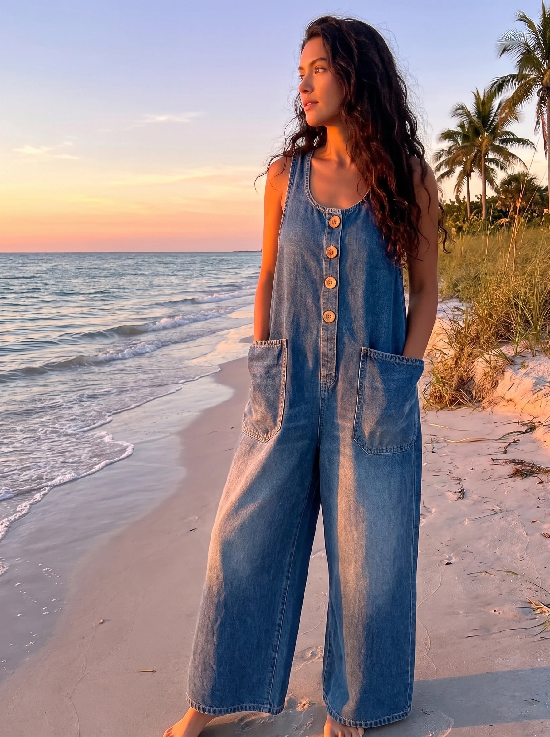 Close up view of the women's vintage inspired denim overalls showing the soft fabric texture and detailed stitching, perfect for effortless casual style.