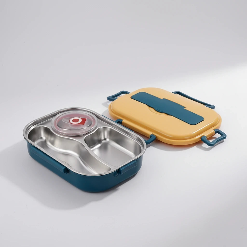 View of a contemporary stainless steel bento lunch box featuring a sleek design and secure lid for on the go meals