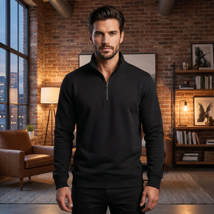 Close up view of the Men's Quarter Zip Sweater showing the fine stitching and luxurious fabric texture in a sophisticated color palette.