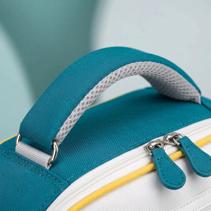 View of a stylish molded nylon school backpack for kids, featuring a vibrant blue color and adjustable straps