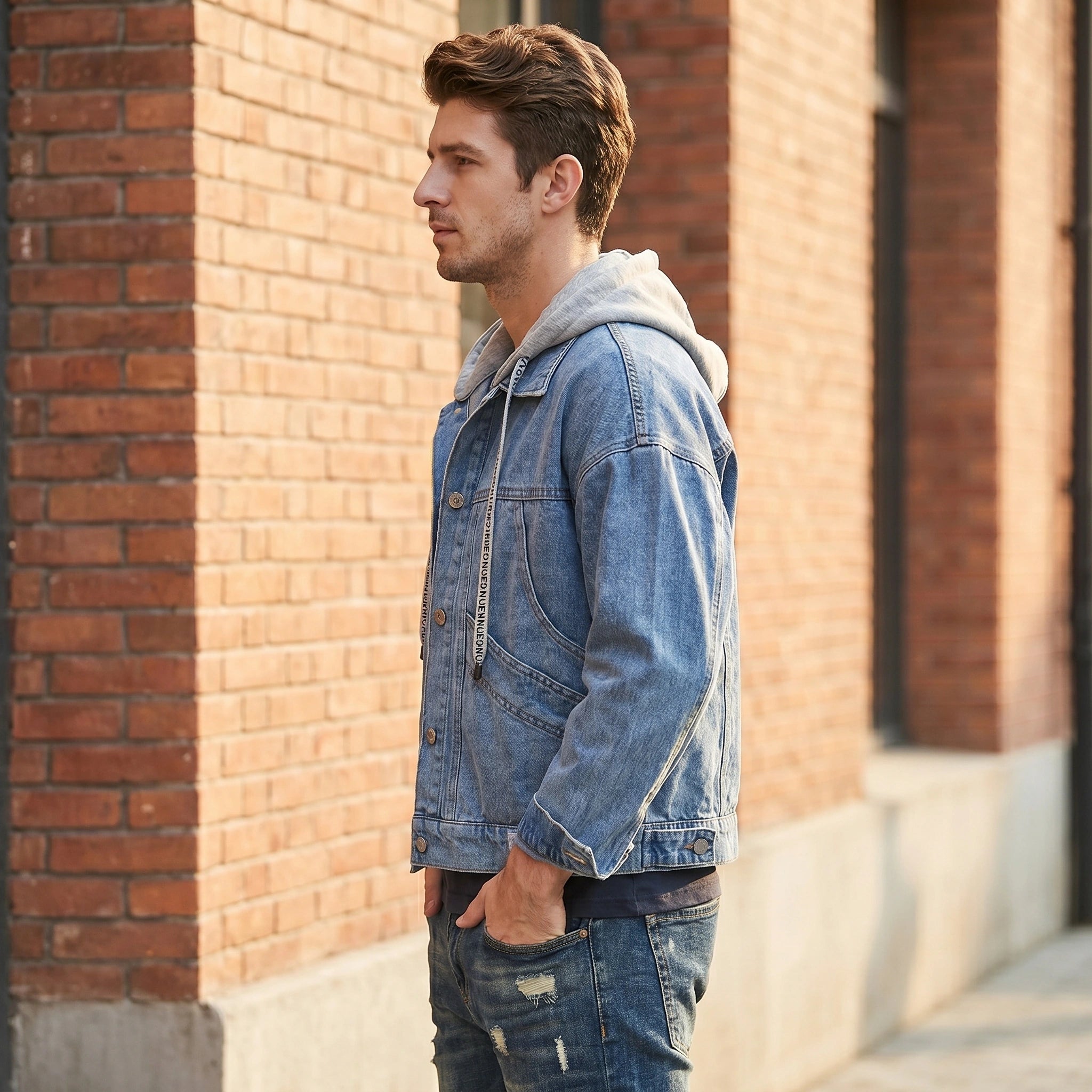 Back view of a model wearing a mens casual relaxed denim jacket in a medium wash, showing the stitching details and overall craftsmanship against a neutral background.