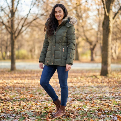 Close up view of the Womens Fitted Winter Puffer Jacket showing its sleek fabric texture, precise stitching, and modern design details against a neutral background.