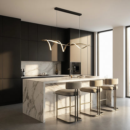 Close up view of the Sculptural LED Overhead Light Fixture showing its wave inspired design and refined craftsmanship against a minimalist background.