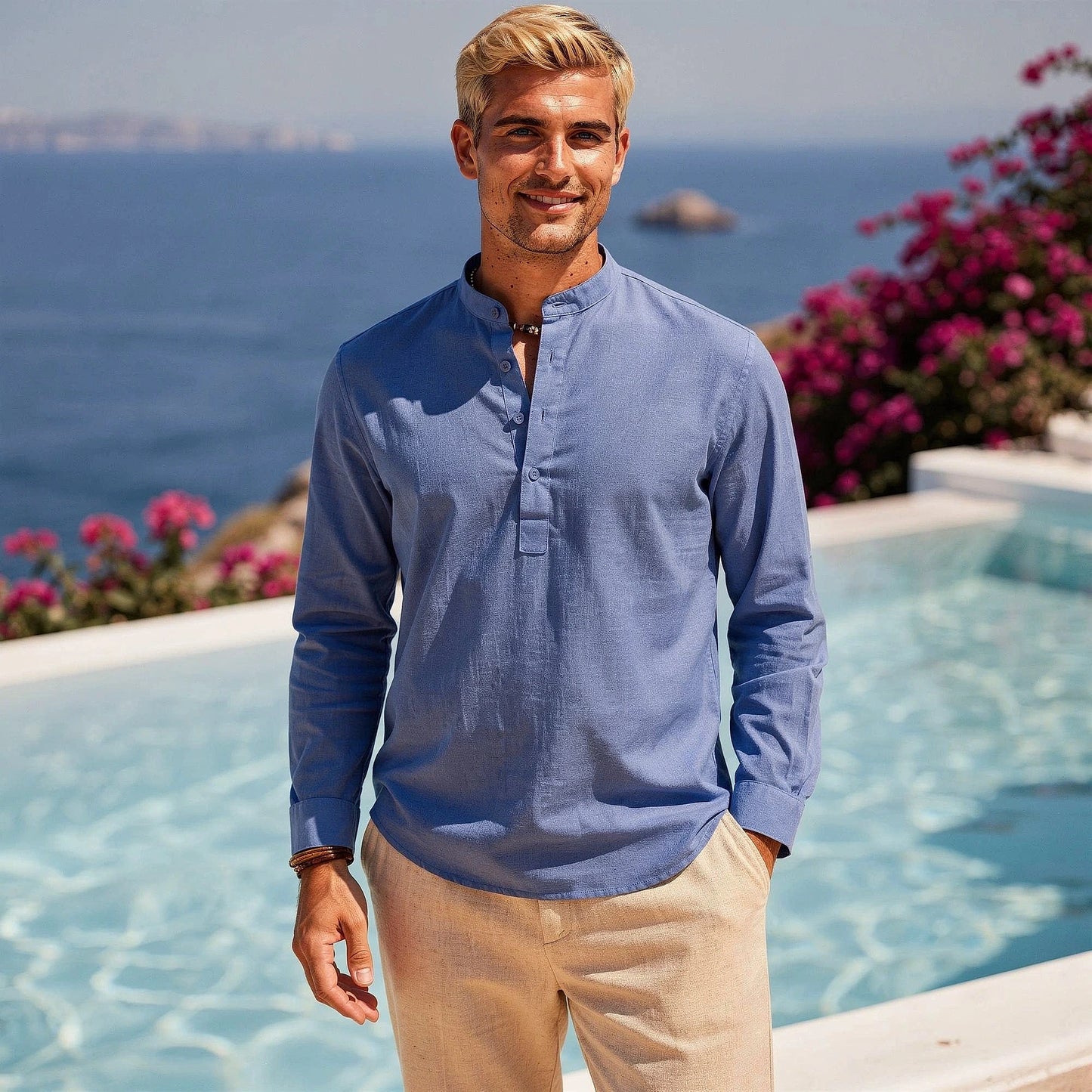 Lightweight casual henley shirt in light gray, featuring a three button placket and long sleeves, view