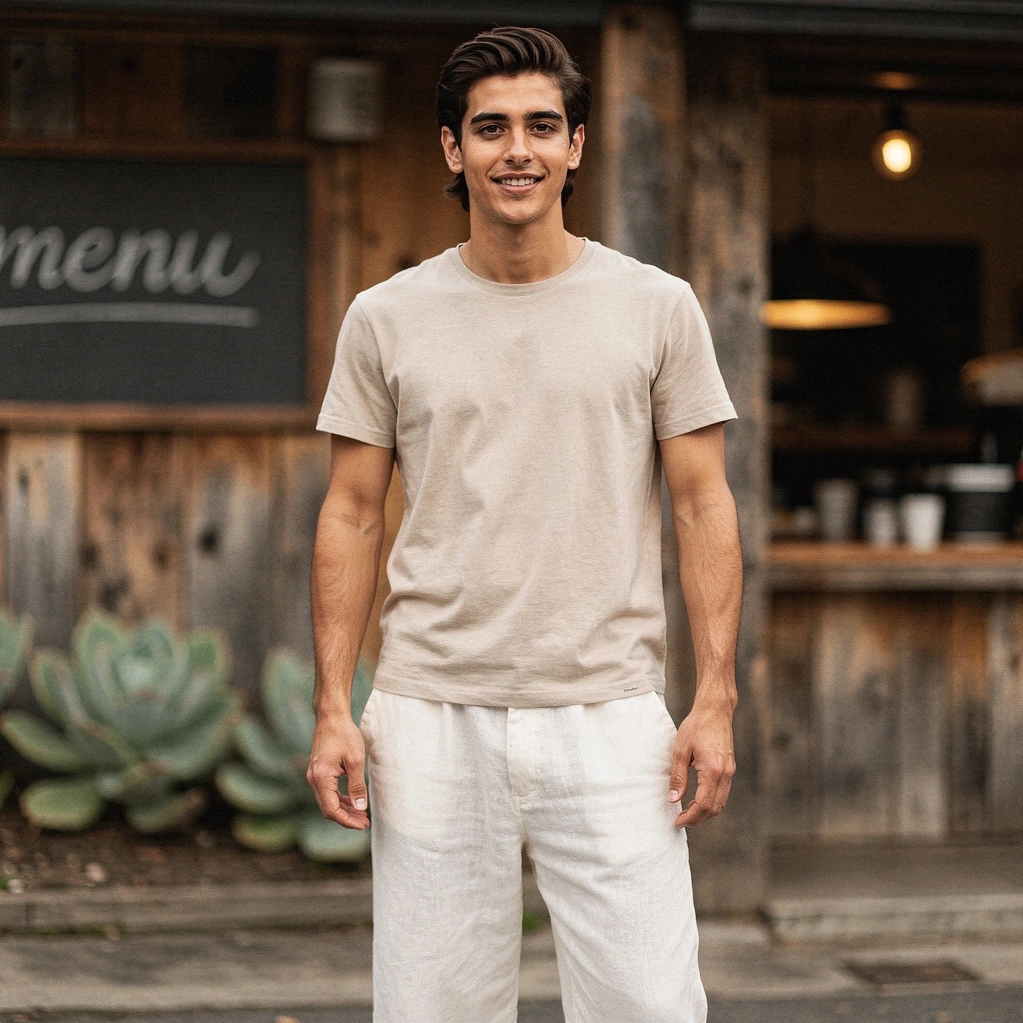 Lightweight casual trousers in a relaxed fit, featuring a soft fabric and pockets, view showcasing the material texture