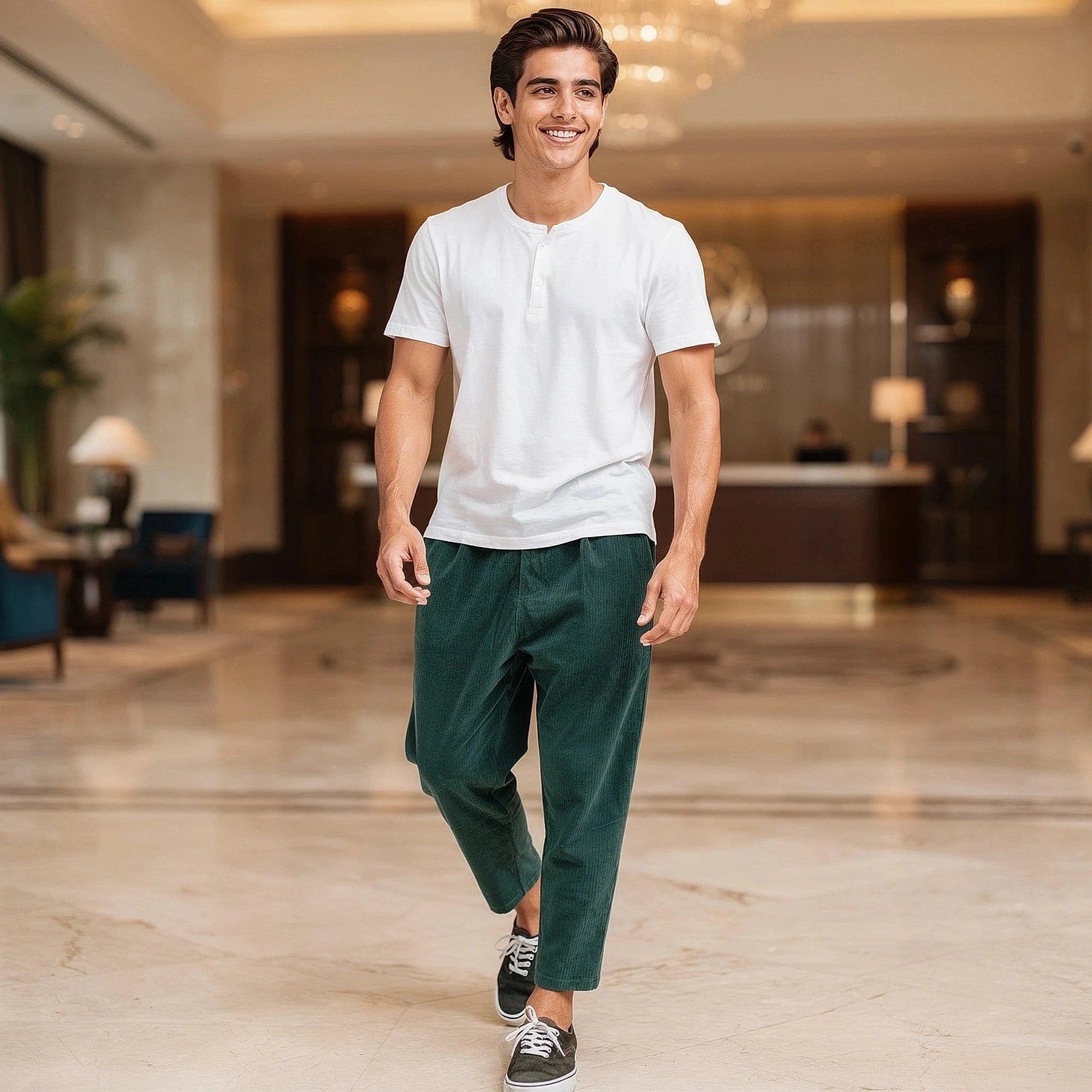 View of relaxed fit corduroy trousers in a warm beige color, featuring a comfortable waistband and subtle texture