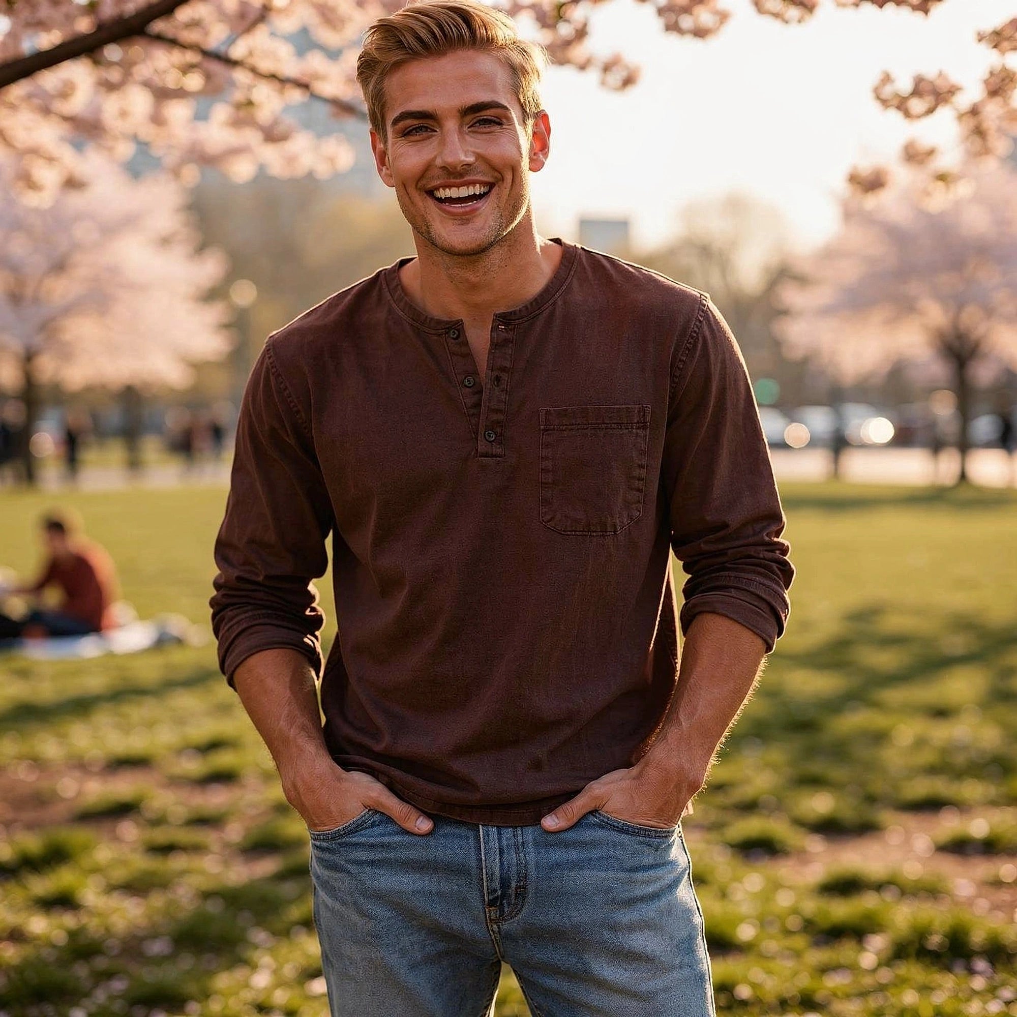View of a light gray long sleeve henley shirt made from soft cotton, featuring a three button placket and ribbed cuffs