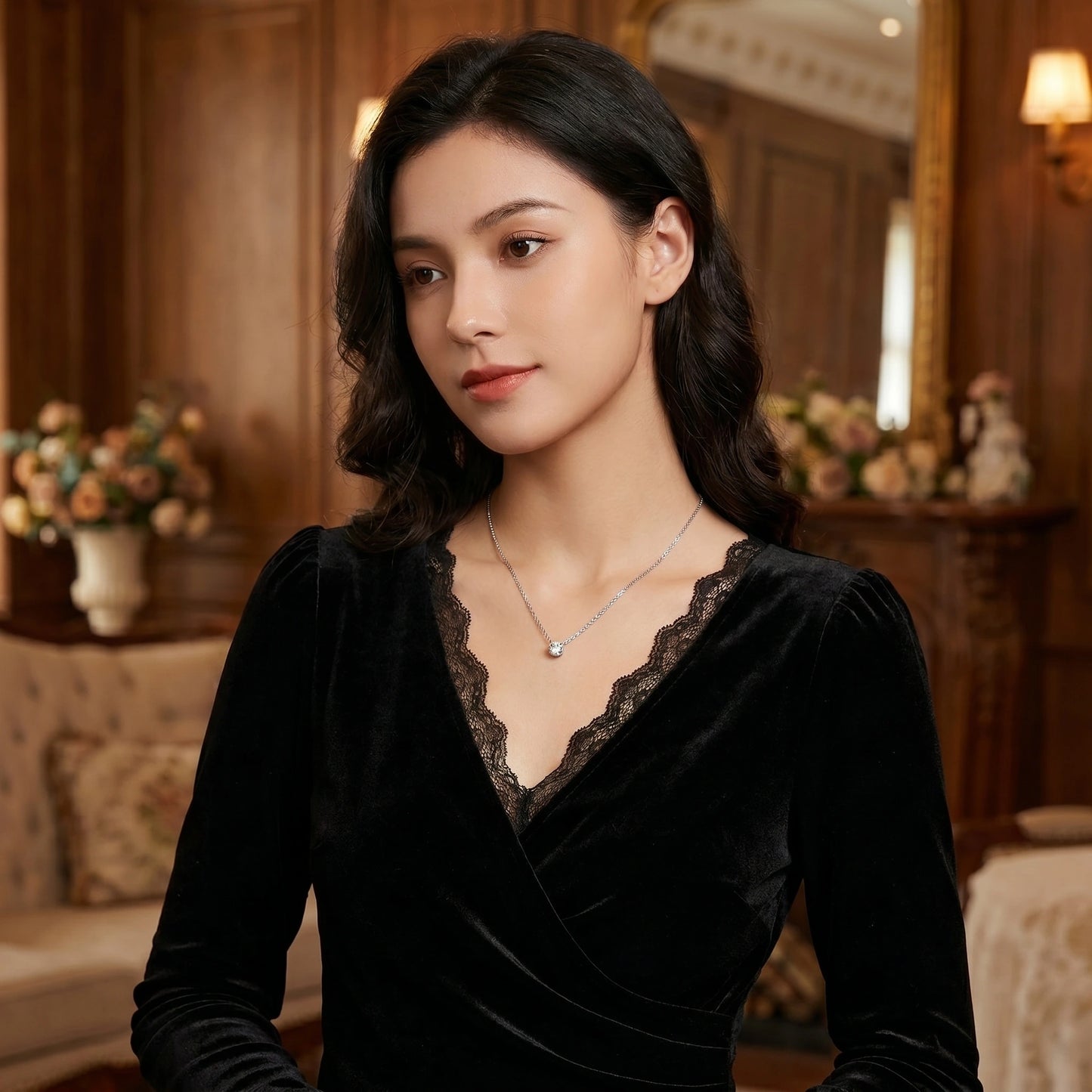 A model showcases the Womens Dazzling Necklace, styled with a outfit in a neutral color against a soft, blurred background.