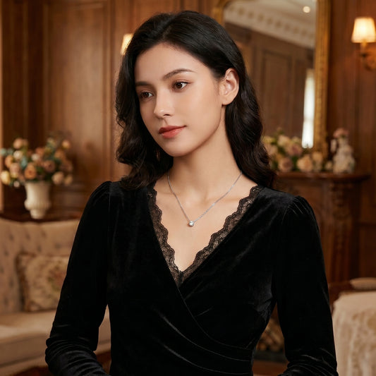 A model showcases the Womens Dazzling Necklace, styled with a outfit in a neutral color against a soft, blurred background.
