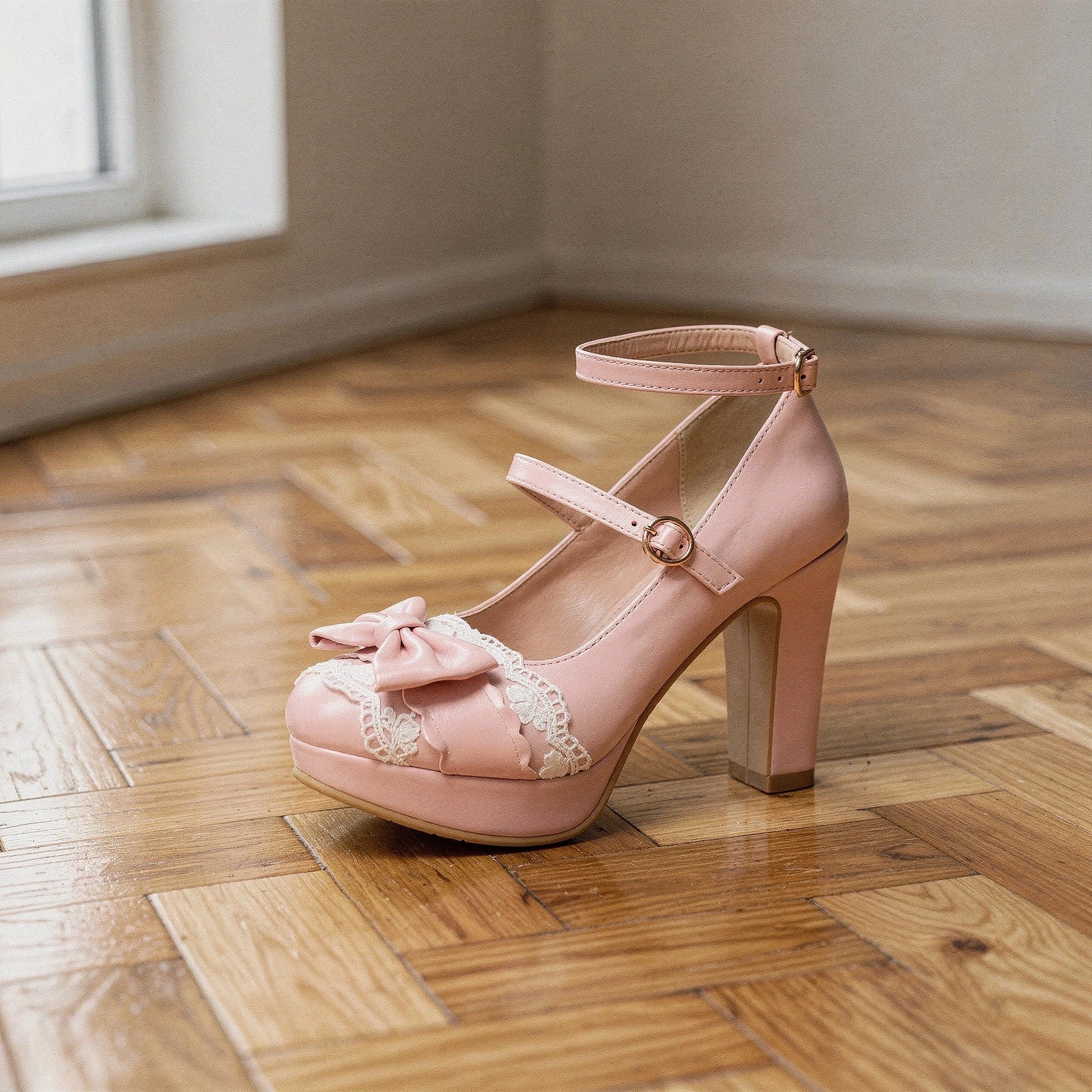 View of elegant high heeled shoes in soft velvet with lace frill detailing, featuring a sleek and stylish silhouette