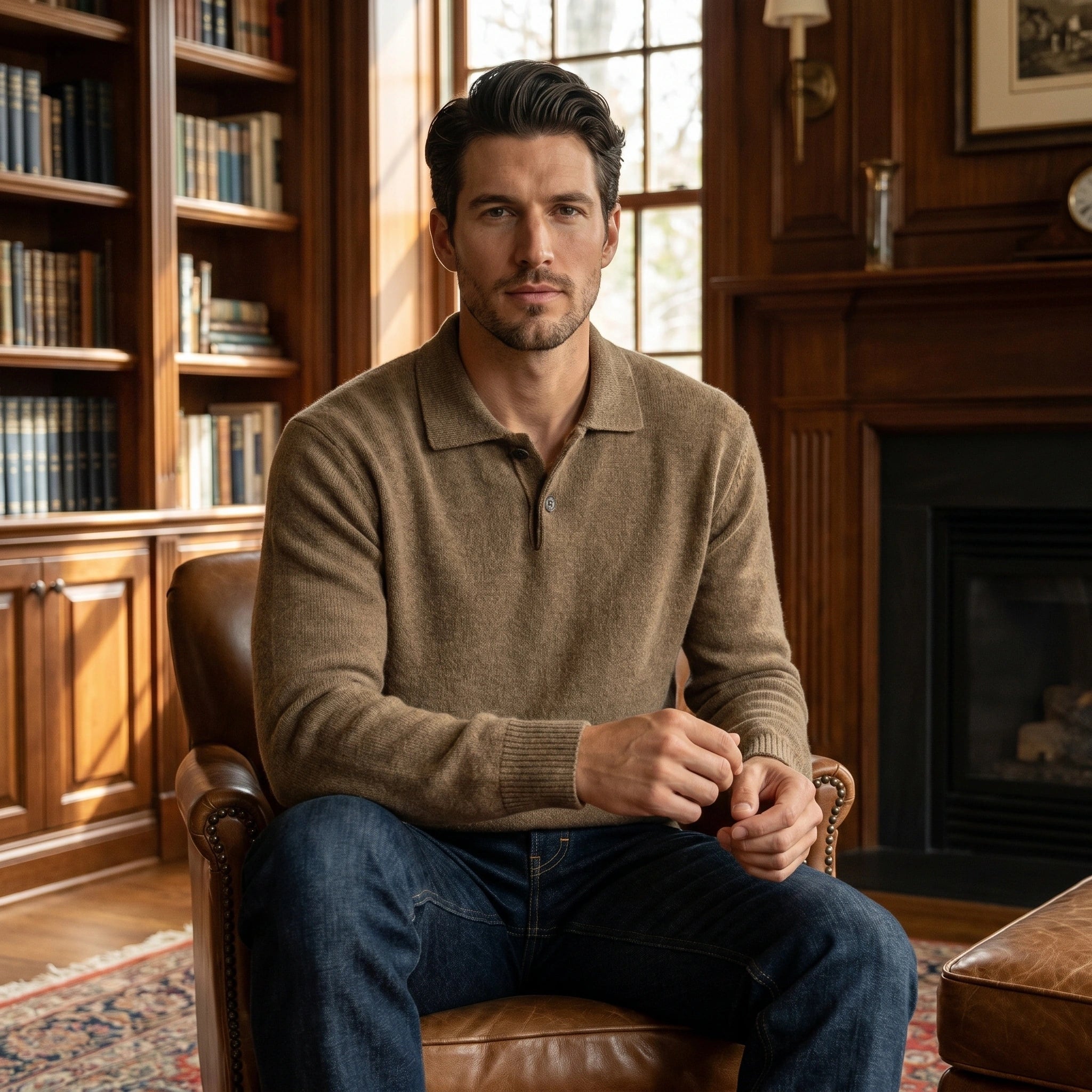 Back view of the Mens Refined Ribbed Knit Polo Sweater in a rich navy color, showing its fine ribbed texture and tailored fit against a neutral background.