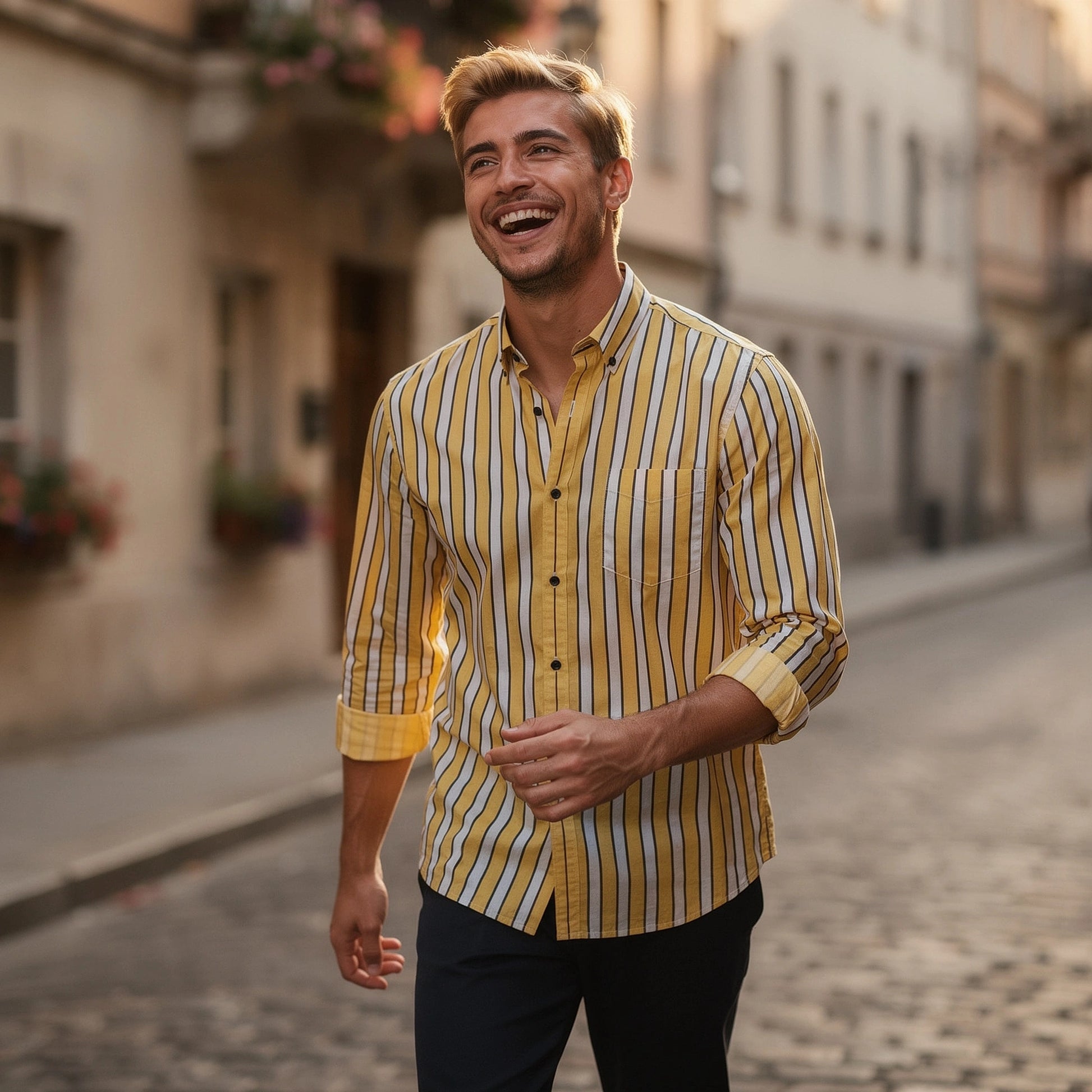 View of a relaxed striped cotton shirt featuring soft fabric in light blue and white, showcasing the collar and button placket