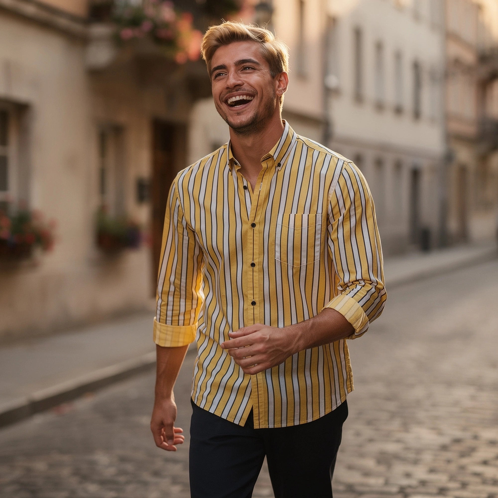 View of a relaxed striped cotton shirt featuring soft fabric in light blue and white, showcasing the collar and button placket