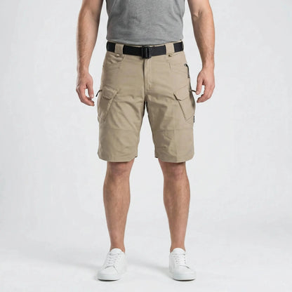 View of durable cargo shorts in khaki, featuring multiple pockets and a relaxed fit for practicality