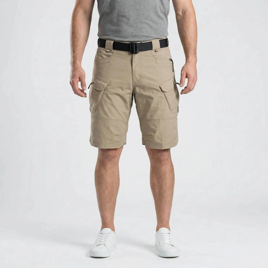 View of durable cargo shorts in khaki, featuring multiple pockets and a relaxed fit for practicality