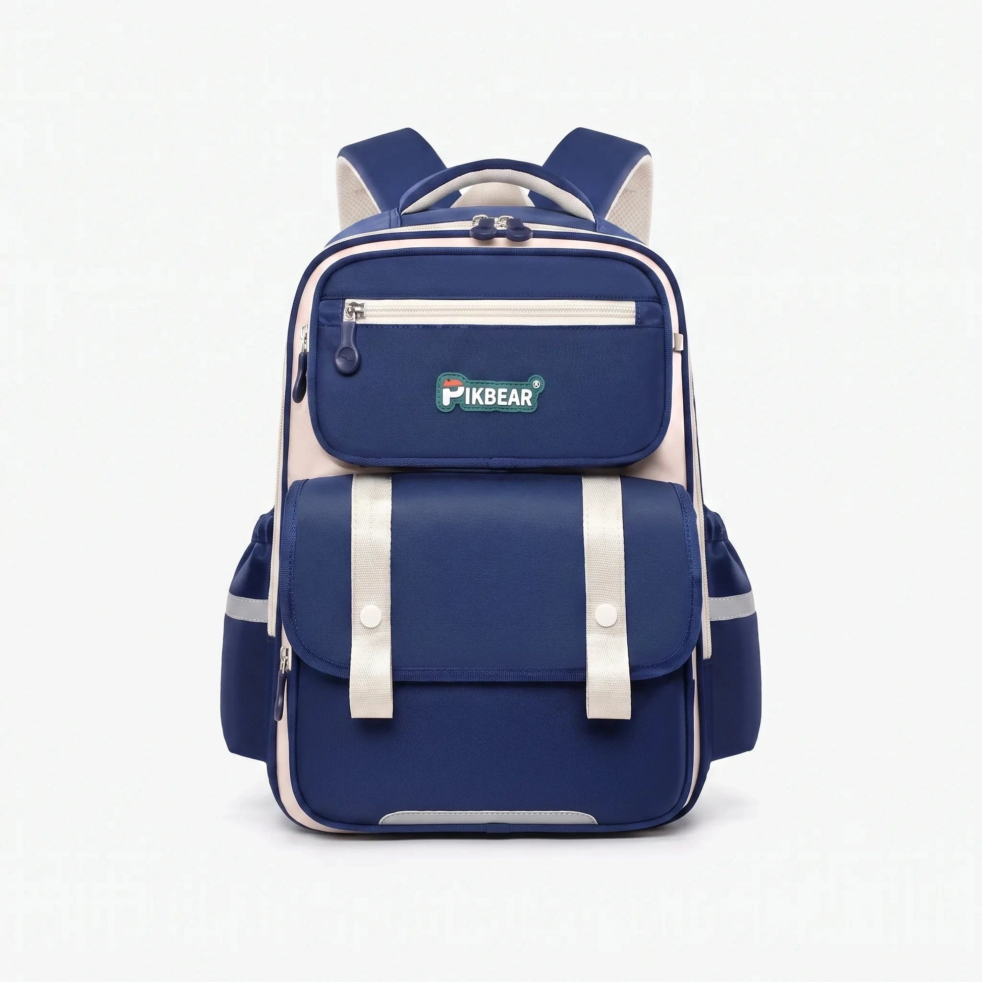View of a structured ergonomic school backpack in black nylon, showcasing padded straps and multiple compartments