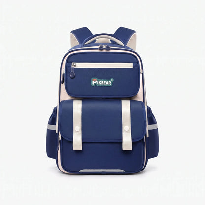 View of a structured ergonomic school backpack in black nylon, showcasing padded straps and multiple compartments