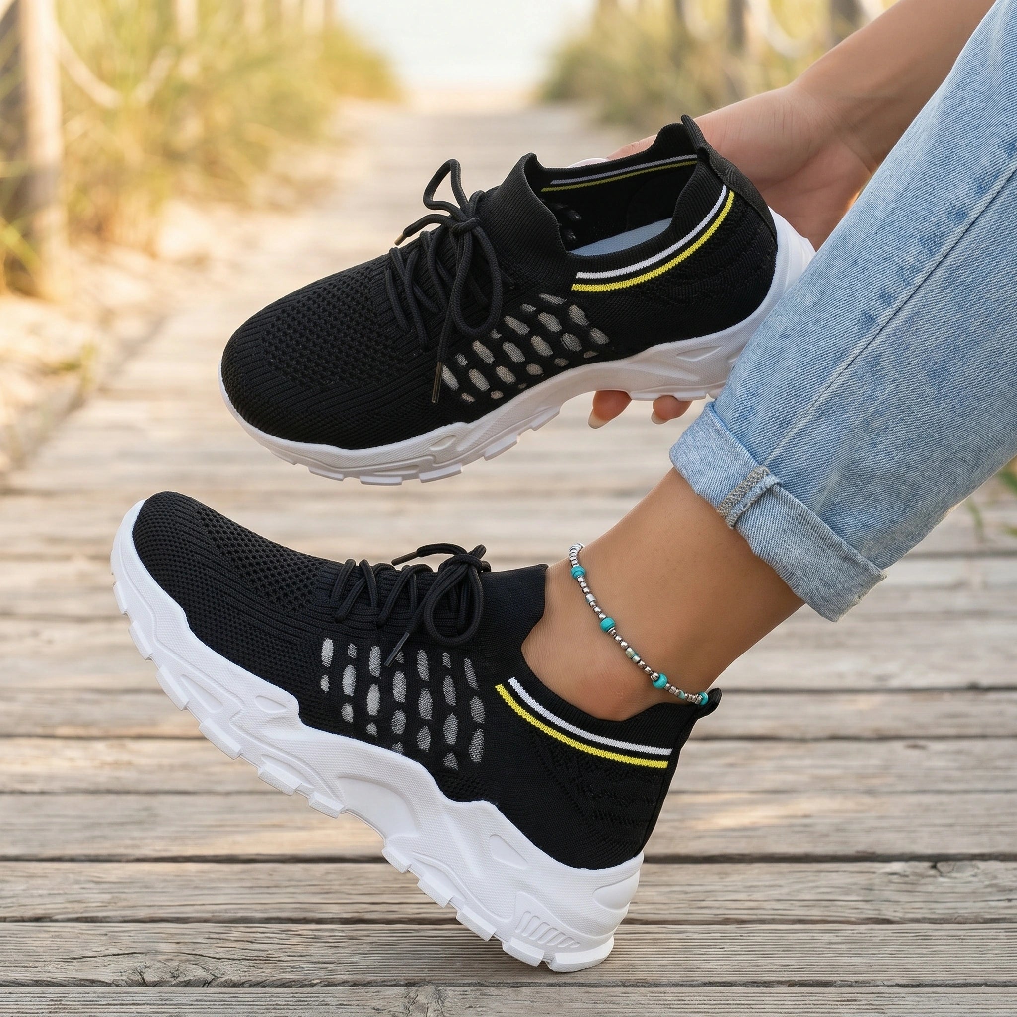 Close up view of the breathable mesh fabric and reinforced stitching of the Womens Effortless Supportive Orthopedic Sneakers, showing their durability and comfort features.