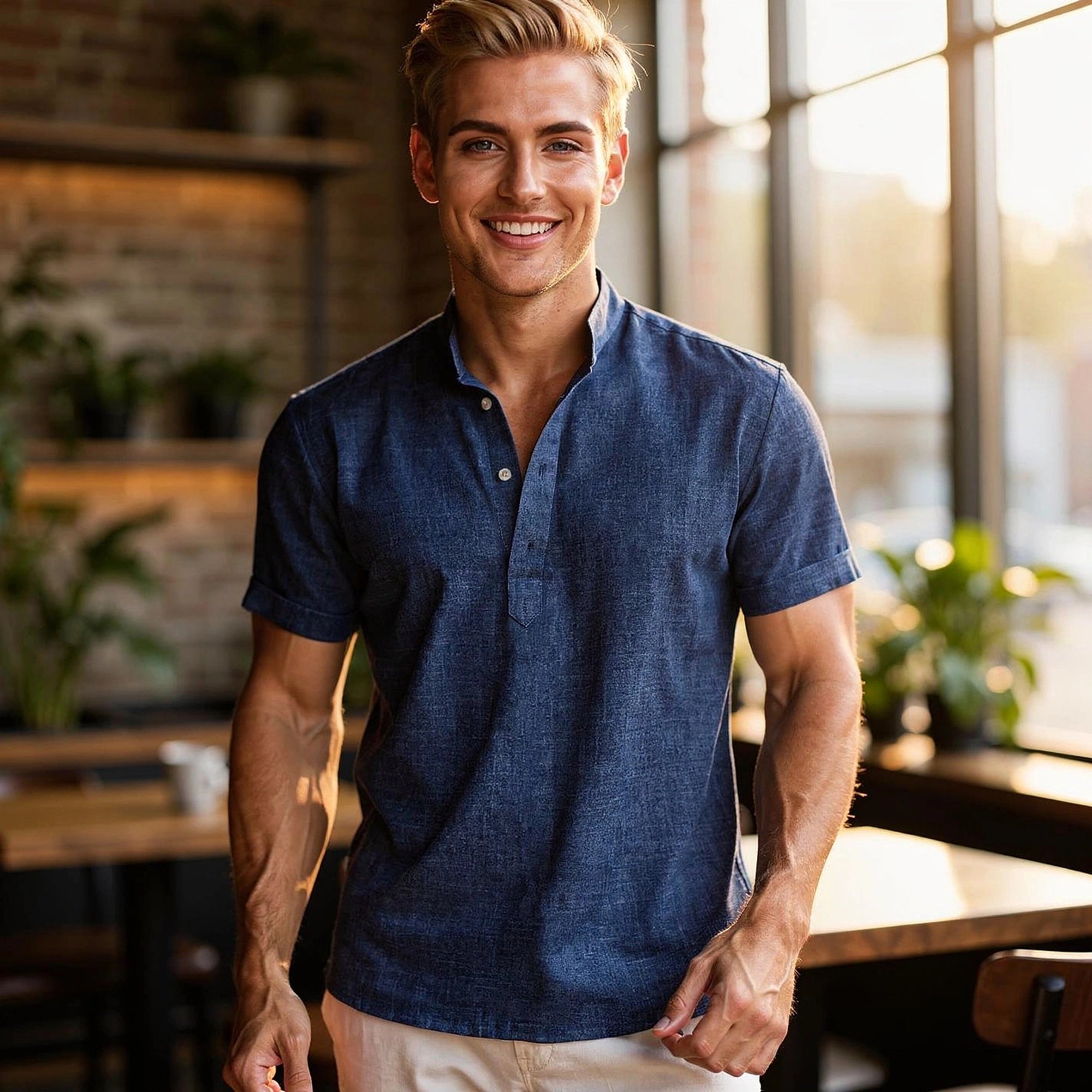 View of a light gray casual henley shirt featuring a three button placket and soft cotton fabric