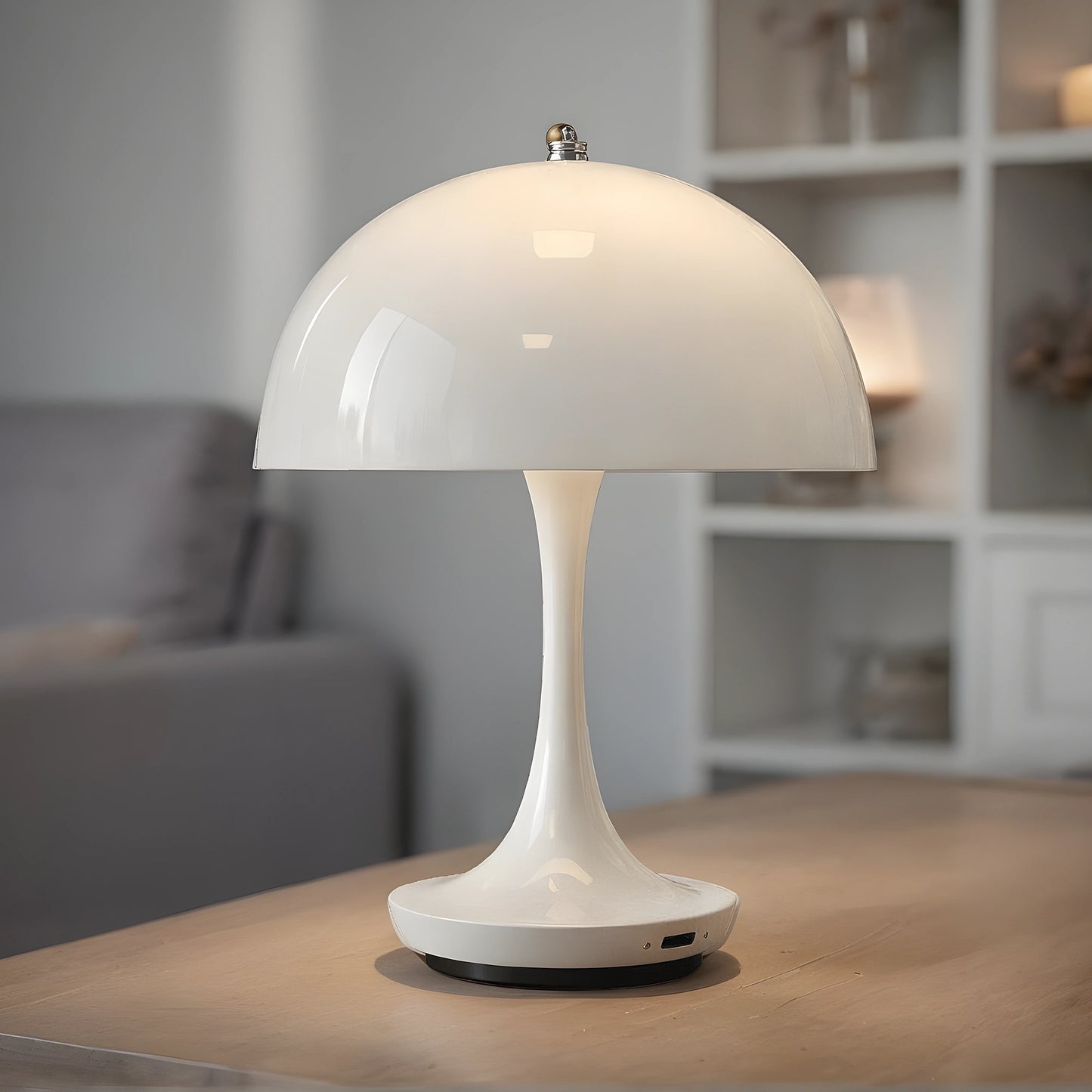 Sleek contemporary rechargeable table lamp in a warm white finish, featuring a minimalist design and a cylindrical shade, view