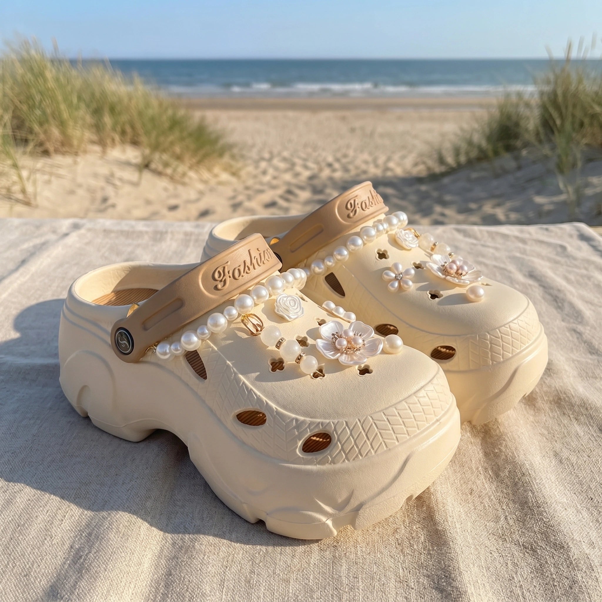 Close up view of the women's summer sandals showing the soft fabric, detailed stitching, and design perfect for casual outings.