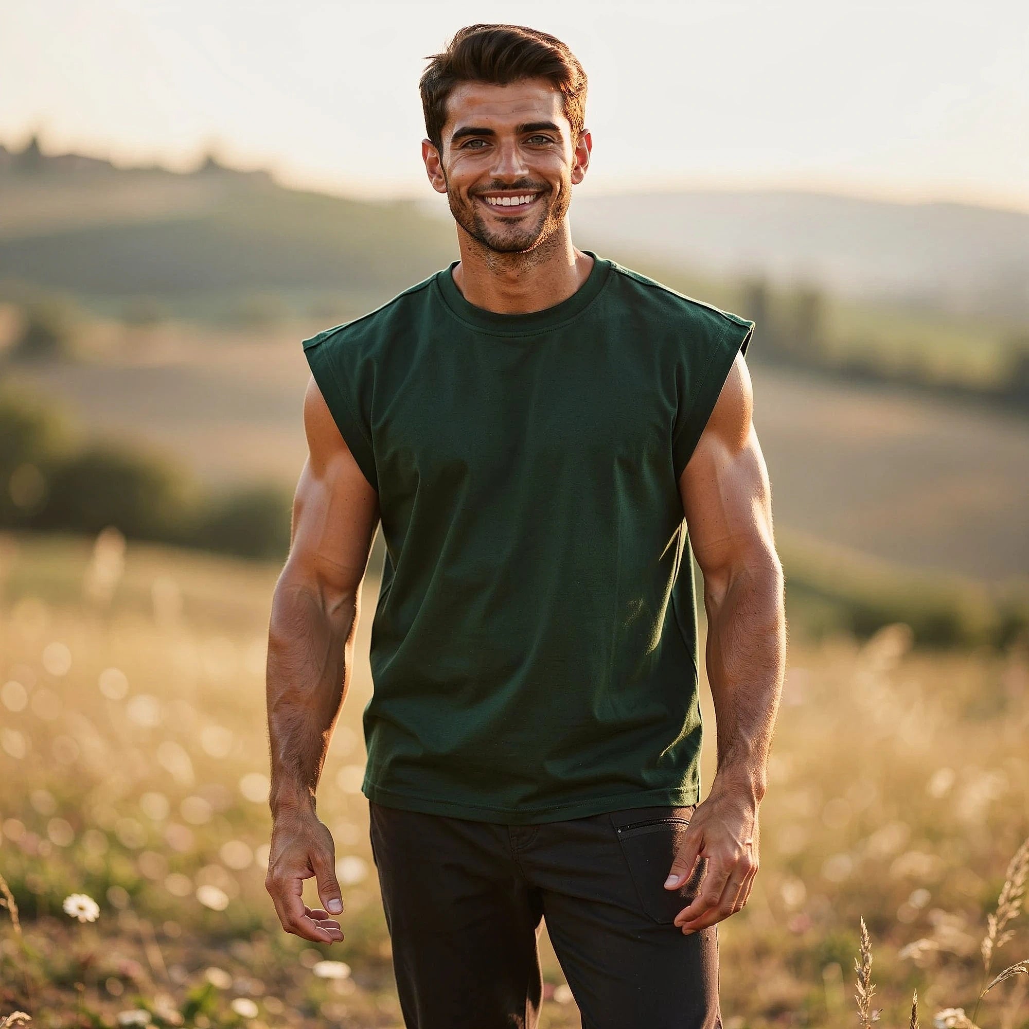 View of a sleek black summer tank top made from lightweight fabric, featuring a comfortable fit and wide shoulder straps