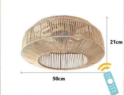 Of the fan's elegant rattan weave and integrated light design, highlighting the remote control functionality for convenience