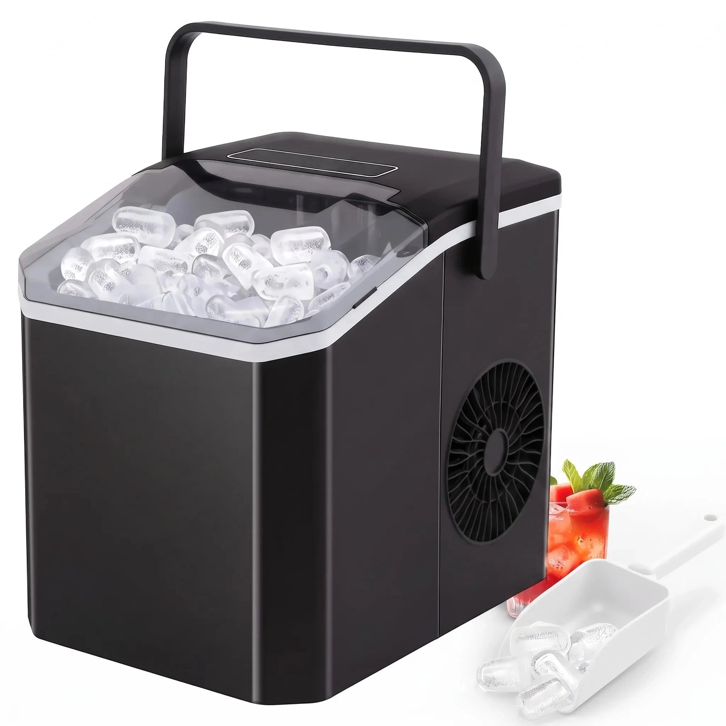 View of the portable ice maker showcasing the control panel and ventilation system for optimal performance and airflow