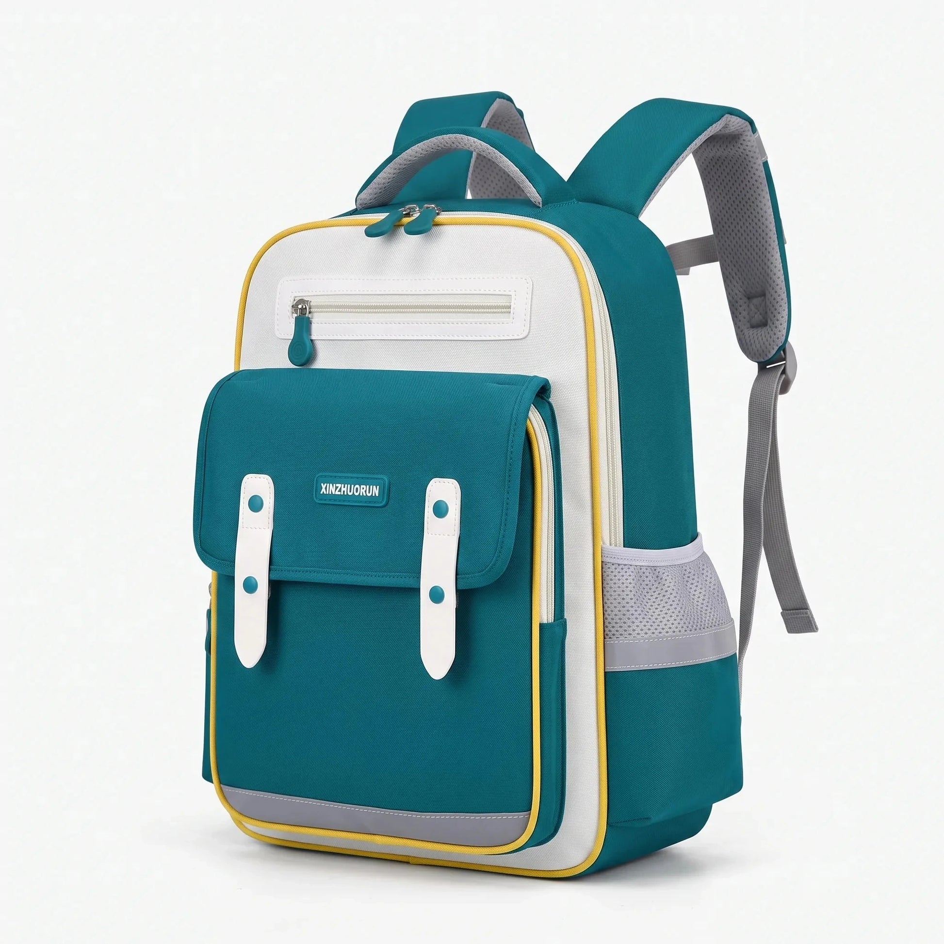 View of a stylish molded nylon school backpack for kids, featuring adjustable straps and a vibrant color design