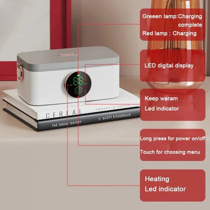 View of a sleek portable electric lunchbox in a modern design, featuring a warm meal compartment and a durable exterior