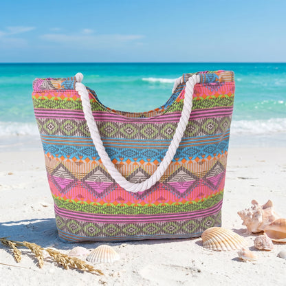 A model showcases a women's versatile summer handbag, paired with a light, breezy outfit in soft pastel colors against a beachy background.