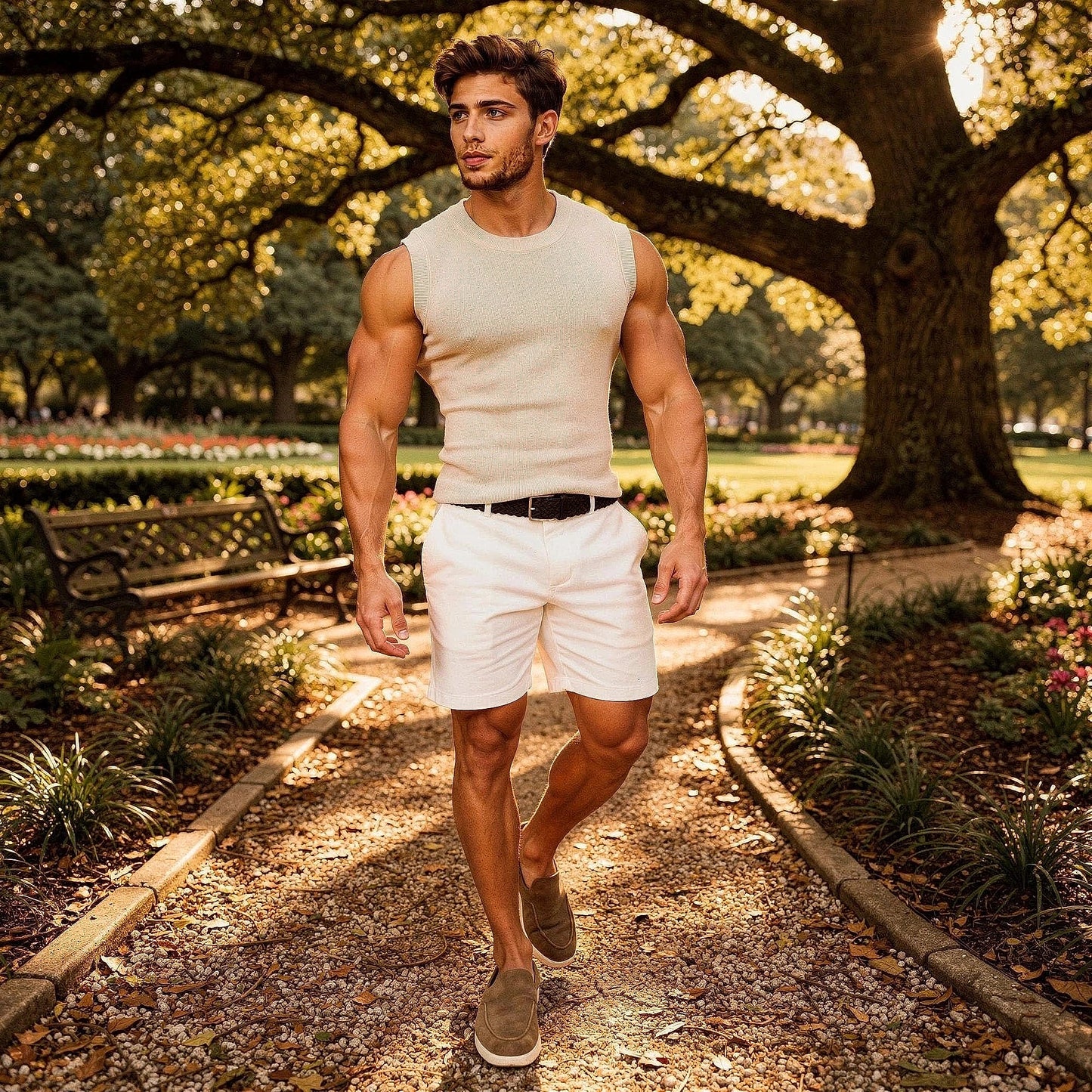 View of light gray athletic fit chino shorts featuring pockets and a comfortable waistband