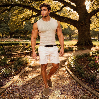 View of light gray athletic fit chino shorts featuring pockets and a comfortable waistband