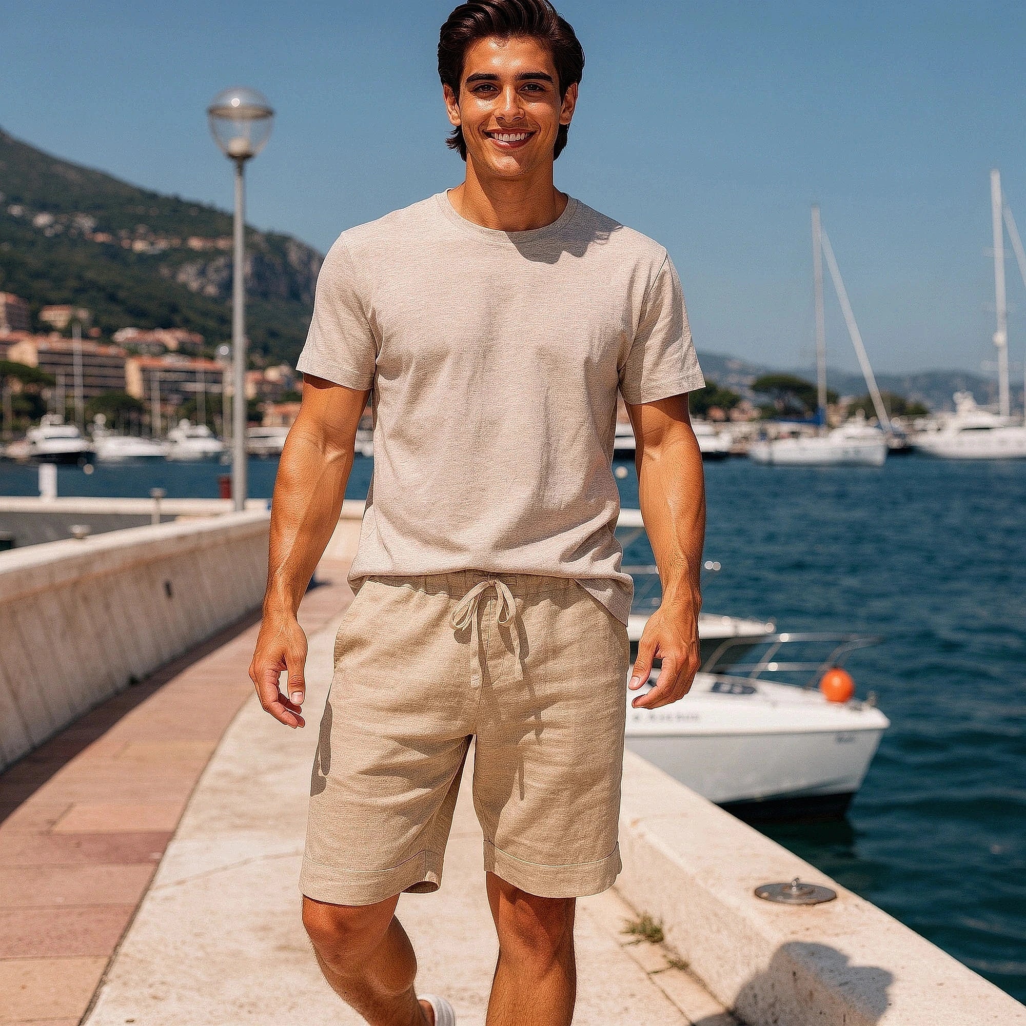 View of light beige breathable linen short pants featuring a relaxed fit and pockets