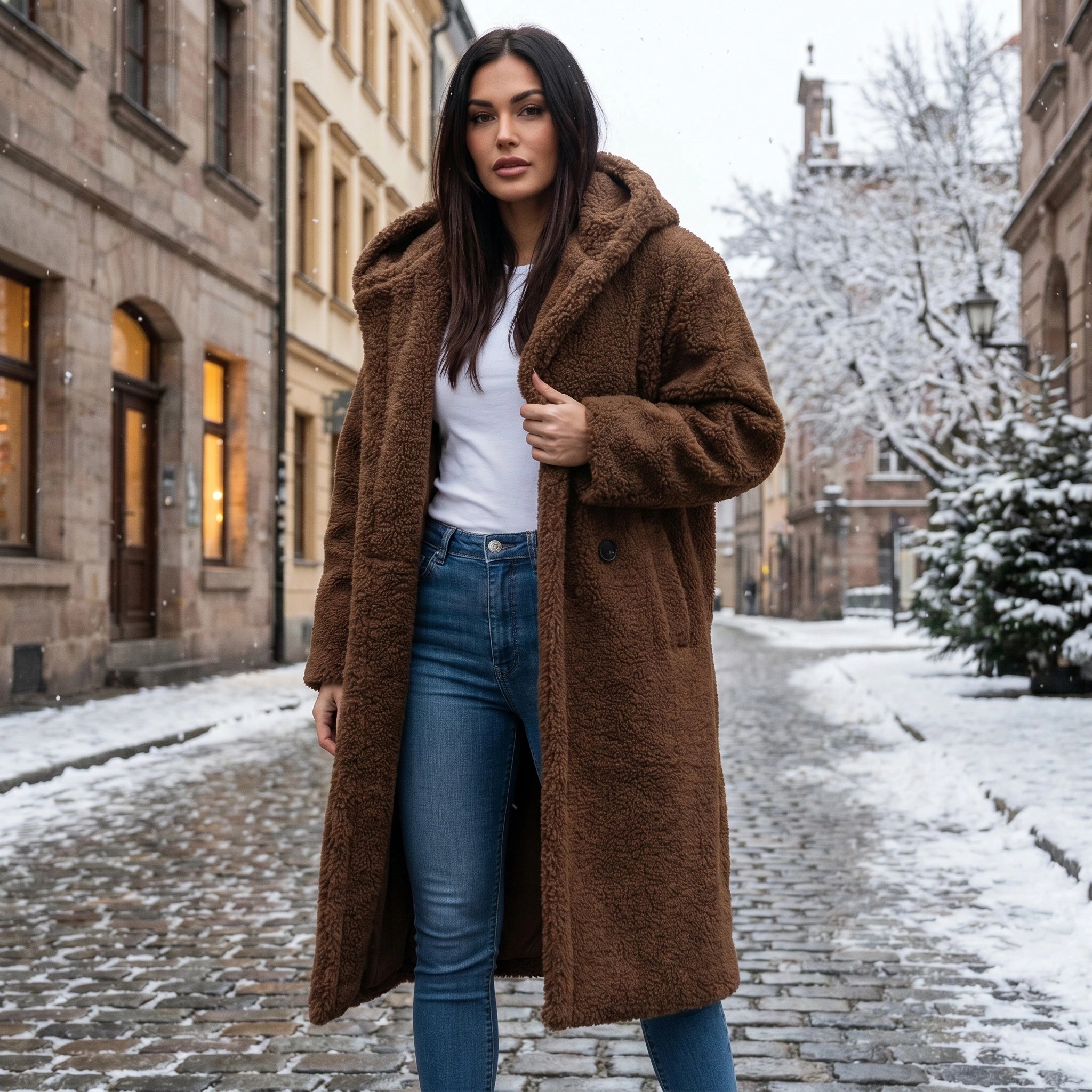 Back view of a model wearing a women's relaxed classic winter coat in a rich navy color, showing its construction details against a neutral background.
