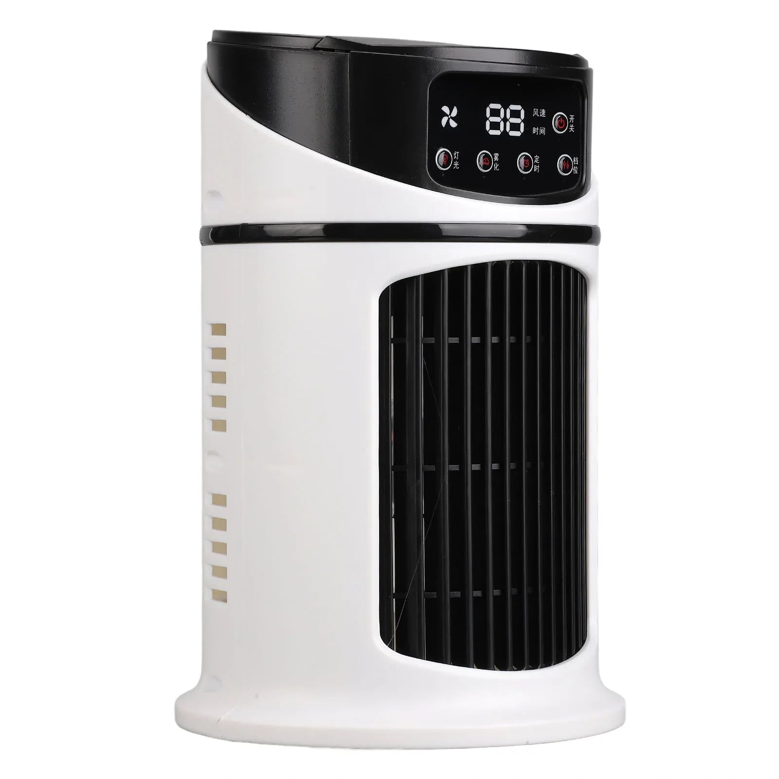Of the control panel showcasing adjustable temperature settings, fan speed options, and a timer for convenience