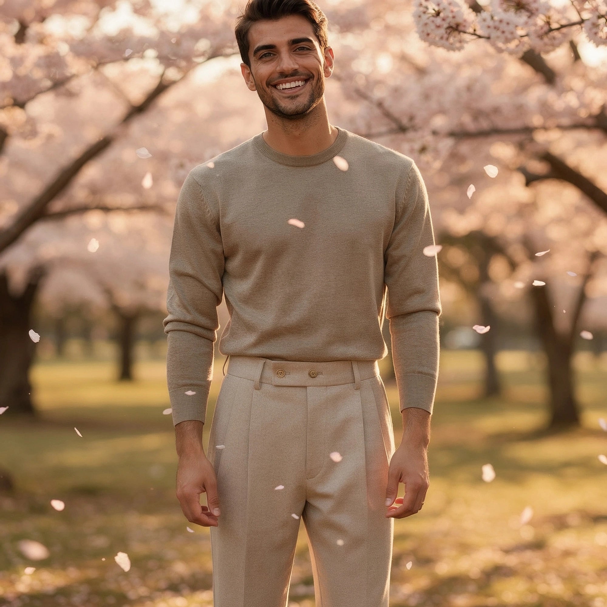 View of tailored high waisted pleated trousers in light gray fabric, featuring a sleek silhouette and crisp pleats