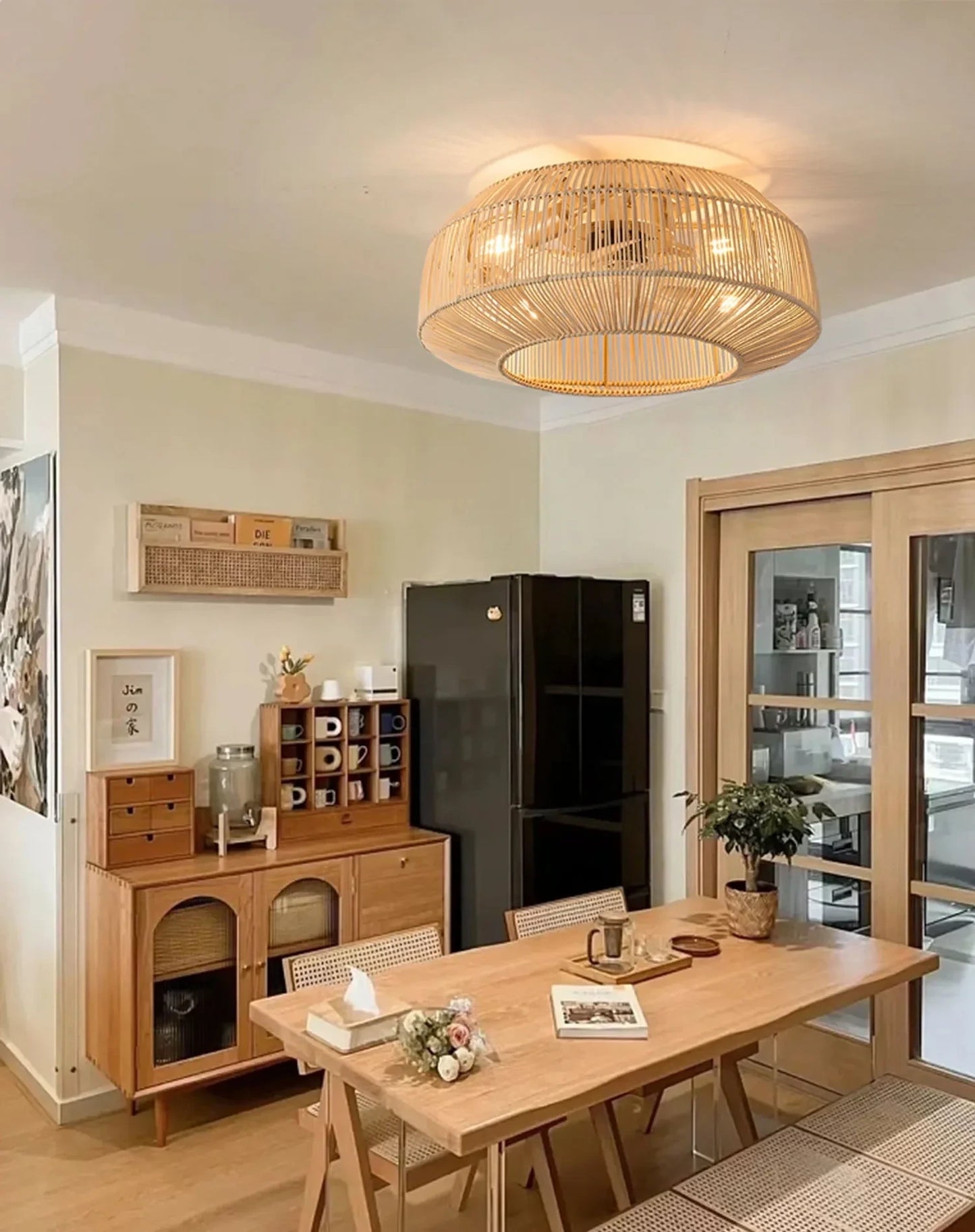 Of the rattan ceiling fan showcasing intricate weave design and integrated light fixture with remote control functionality