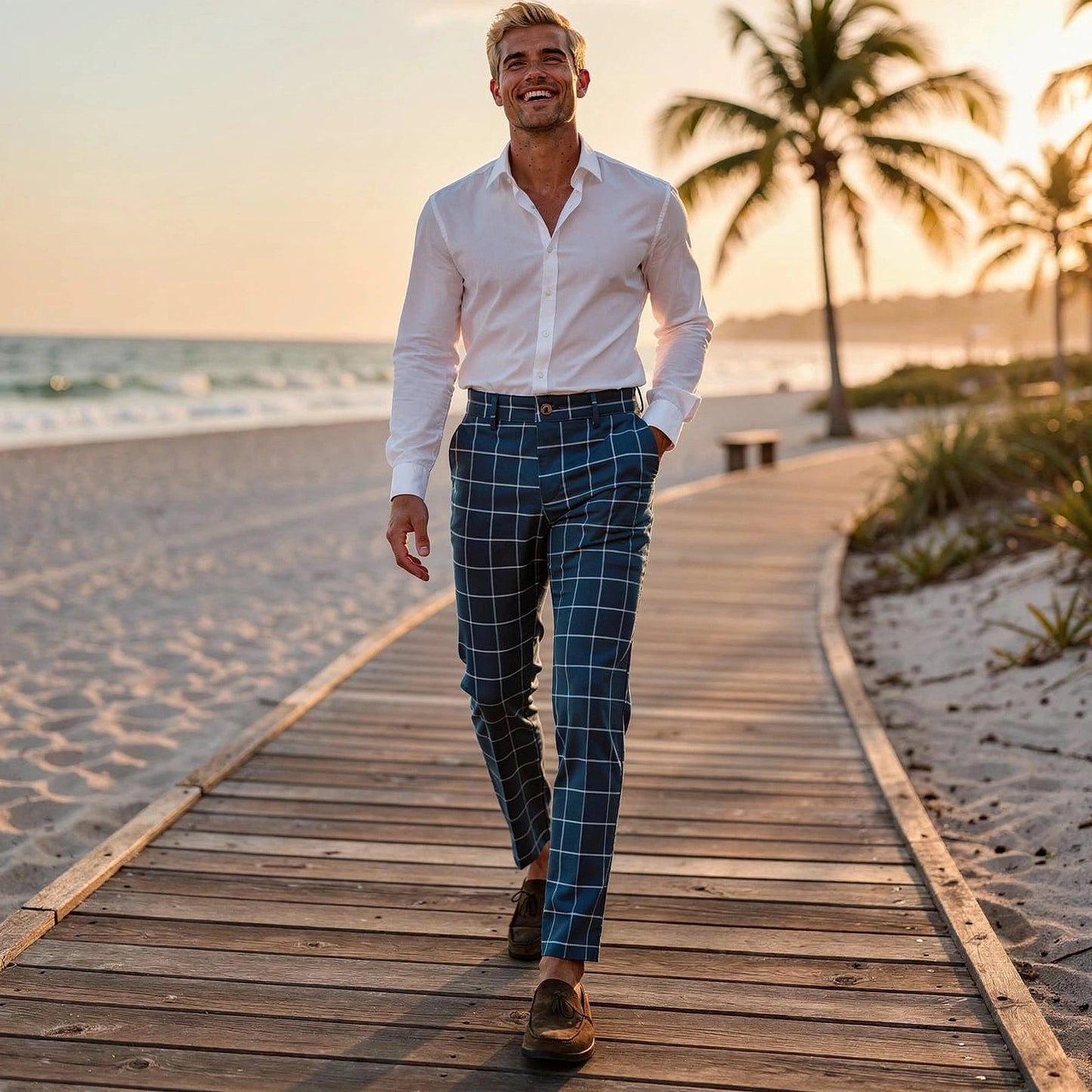 View of tailored tapered trousers in dark gray fabric, featuring a sleek silhouette and subtle pleats