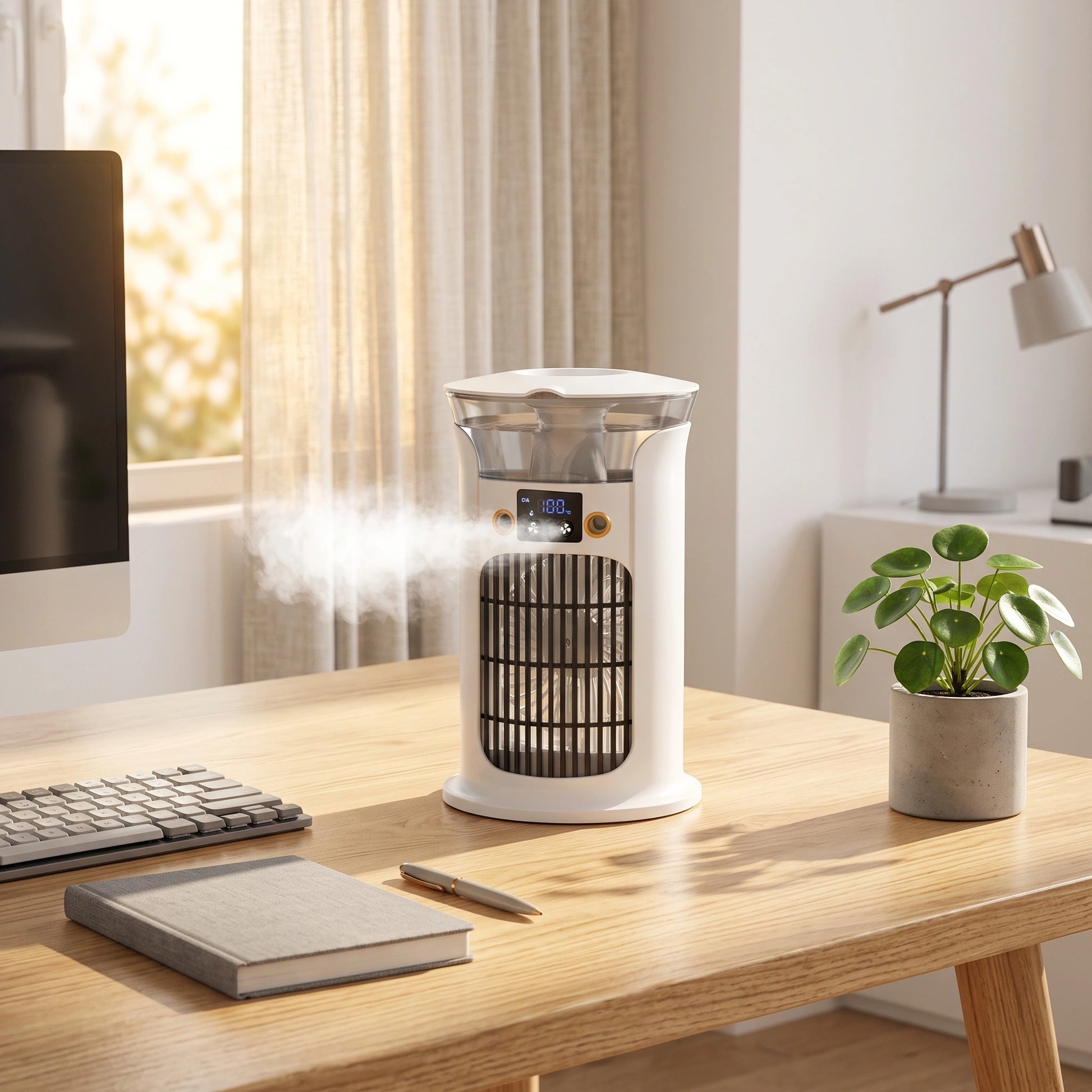 Close up view of the compact USB powered air cooler showing its sleek design, textured surface, and detailed stitching for enhanced durability and style.