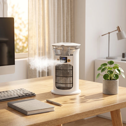 Close up view of the compact USB powered air cooler showing its sleek design, textured surface, and detailed stitching for enhanced durability and style.