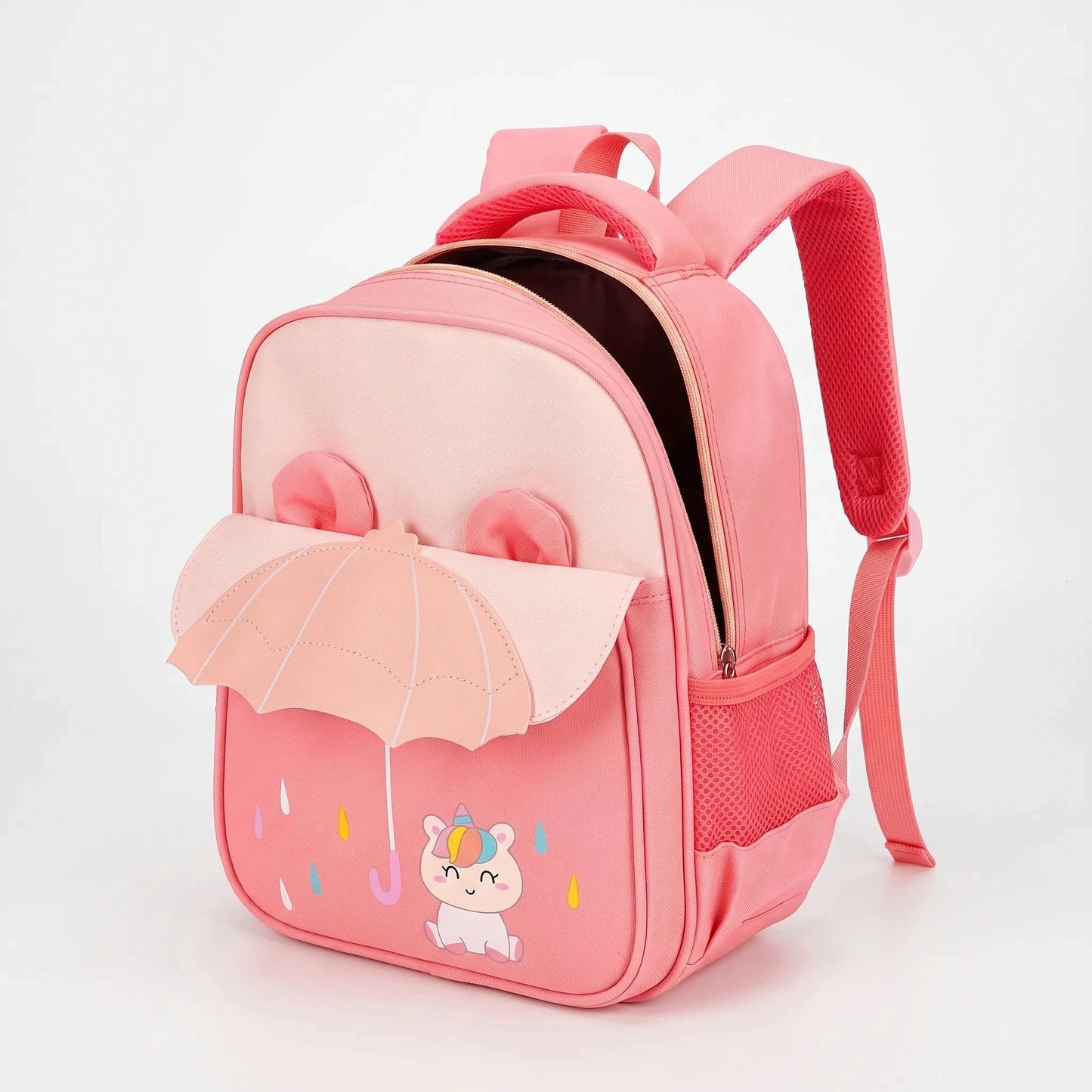 View of a cheerful lightweight kids backpack featuring a colorful cartoon print, adjustable straps, and a pocket