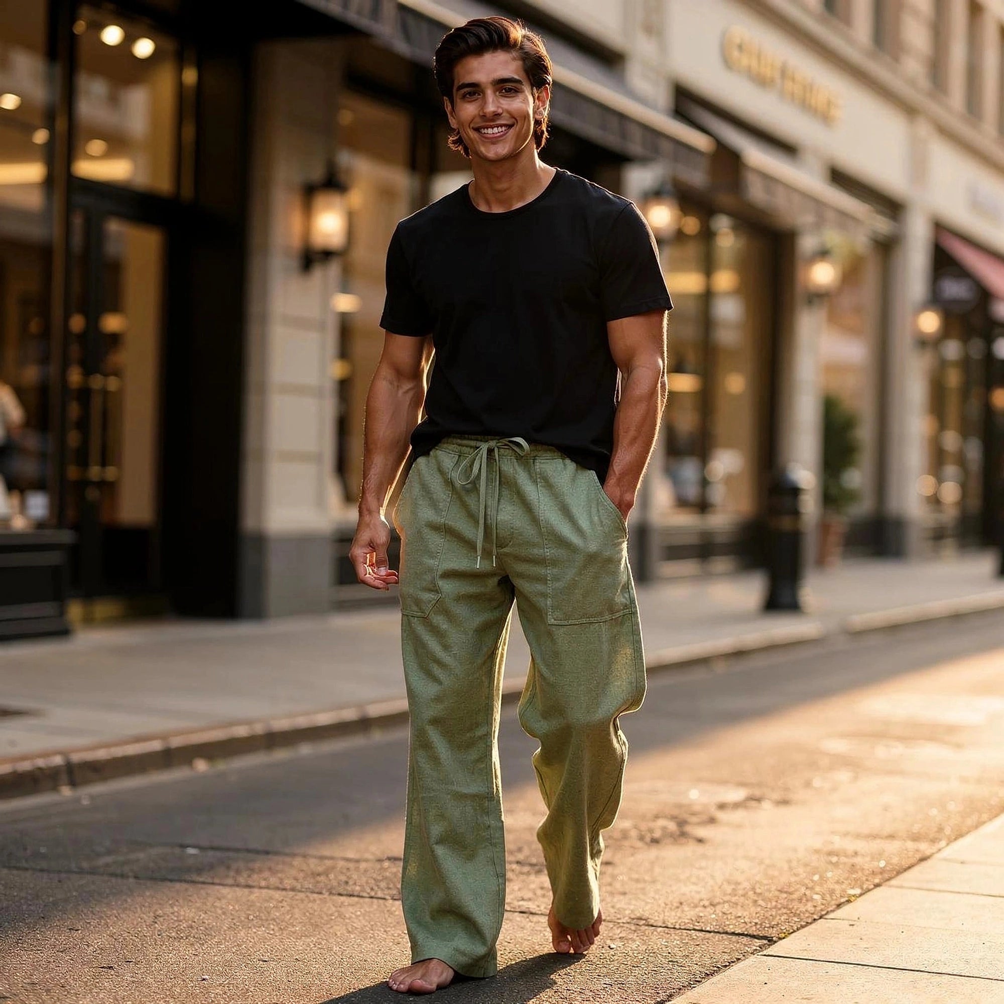 View of relaxed wide leg trousers in soft beige fabric, featuring a comfortable waistband and flowing silhouette