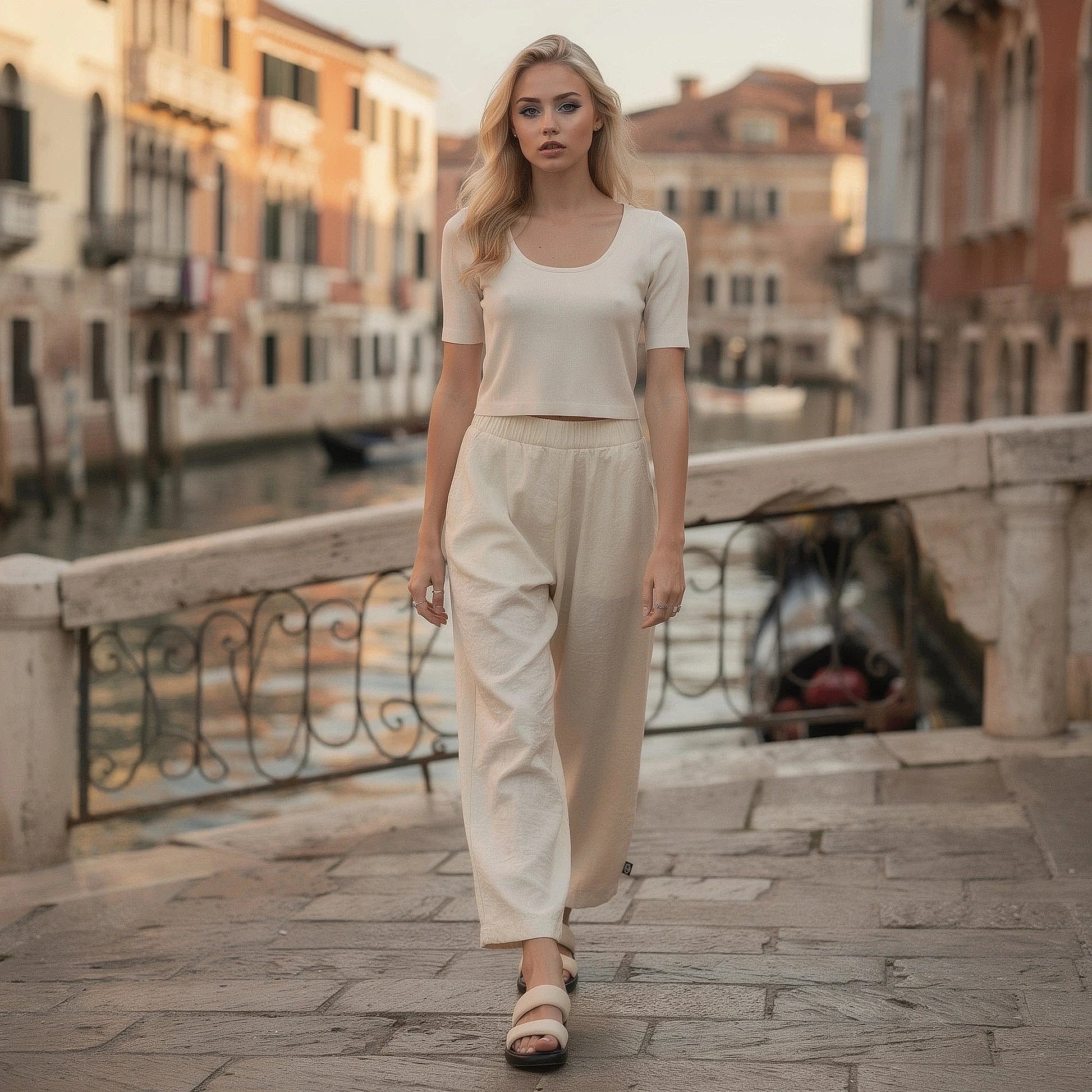 View of high waisted wide leg pants in soft fabric, featuring a smooth waistband and elegant drape in a neutral color