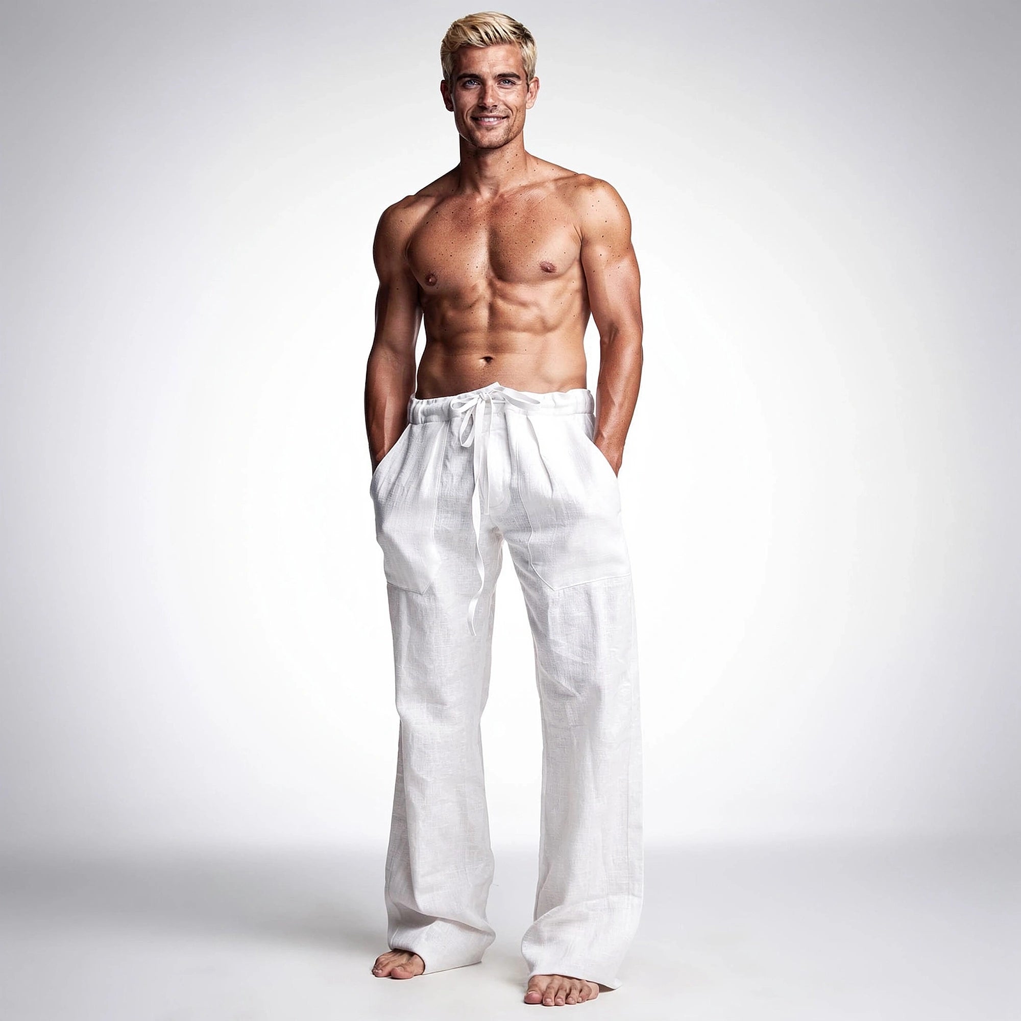 View of wide loose relaxed fit trousers in light gray fabric, featuring a comfortable waistband and pockets
