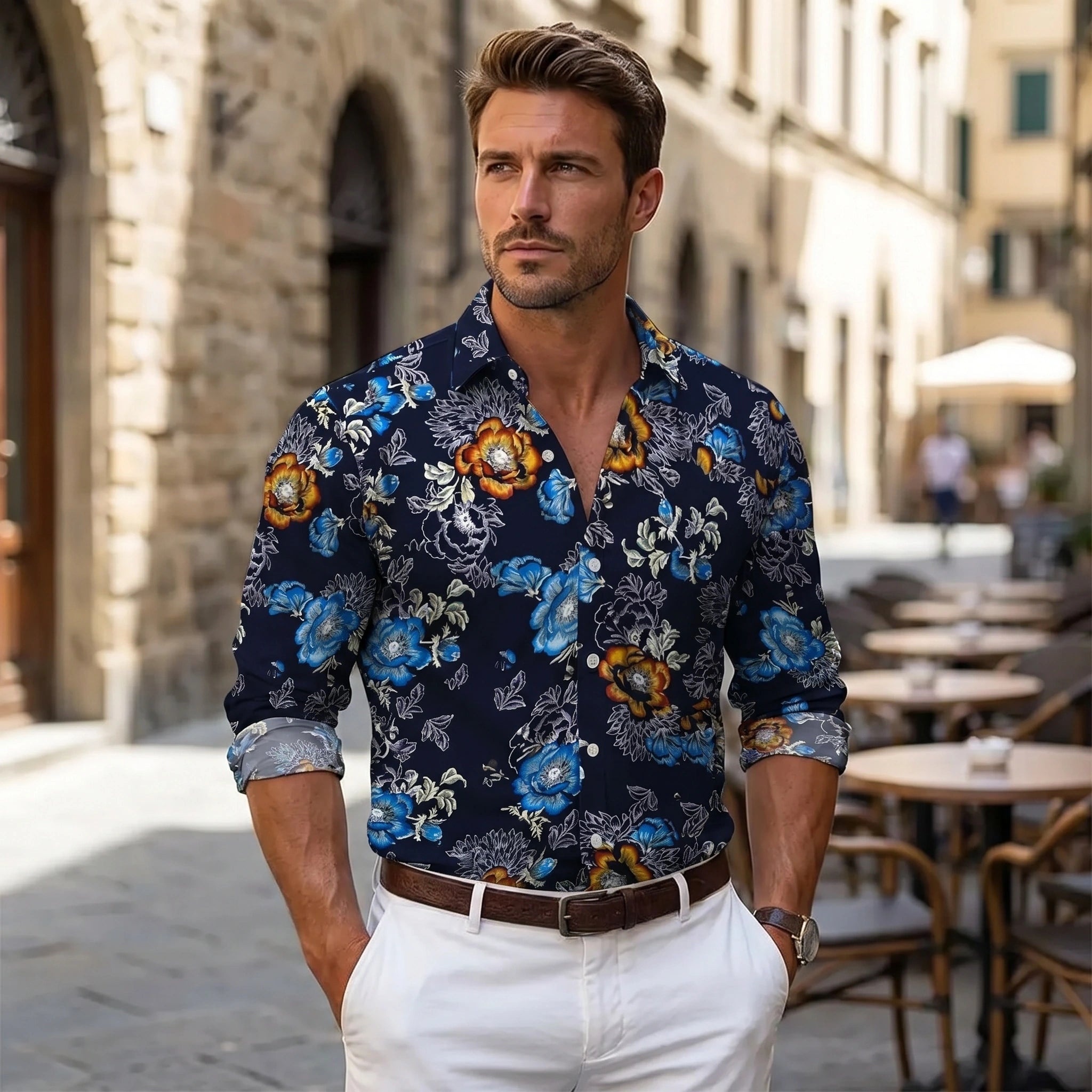 Back view of a model wearing a mens relaxed floral autumn shirt, showing the intricate floral pattern and relaxed fit against a neutral background.